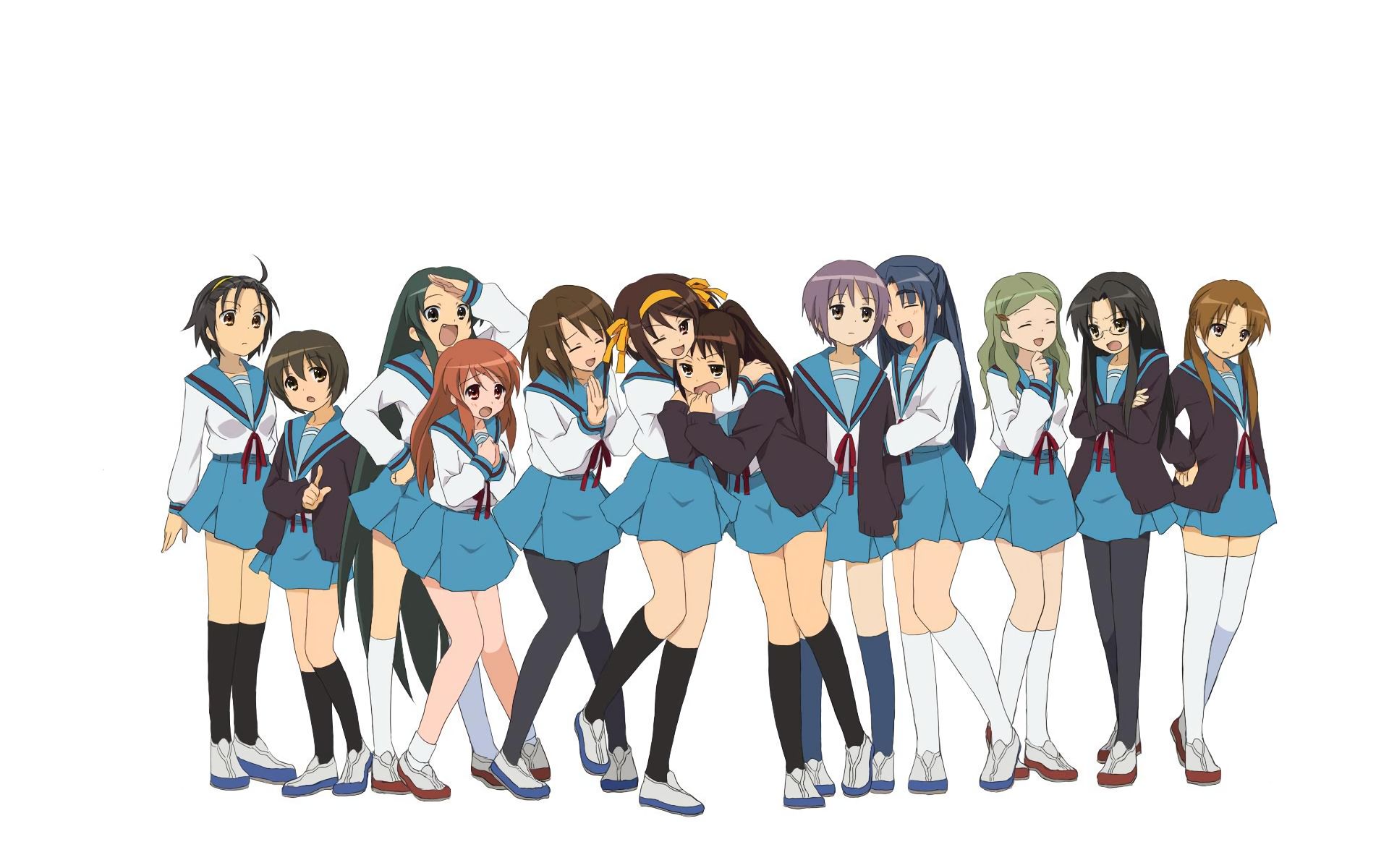 anime, the melancholy of haruhi suzumiya, brown eyes, brown hair, emiri kimidori, haruhi suzumiya, itsuki koizumi, kunikida (haruhi), kyonko (haruhi), mikuru asahina, ryōko asakura, school uniform, short hair, skirt, taniguchi (haruhi), tsuruya (haruhi), yuki nagato