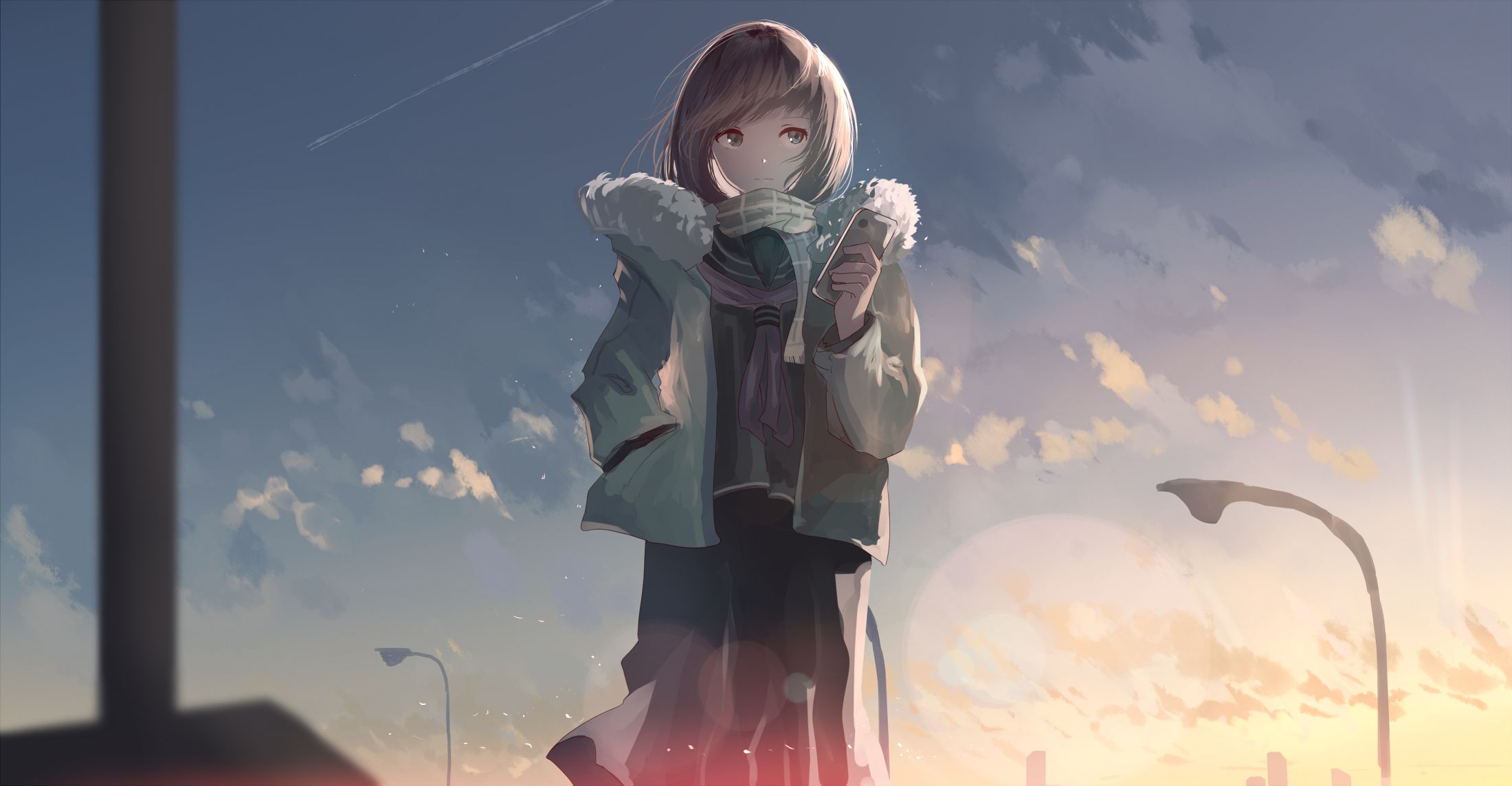 1920 x 1080 picture anime, original, cold, phone, scarf, short hair
