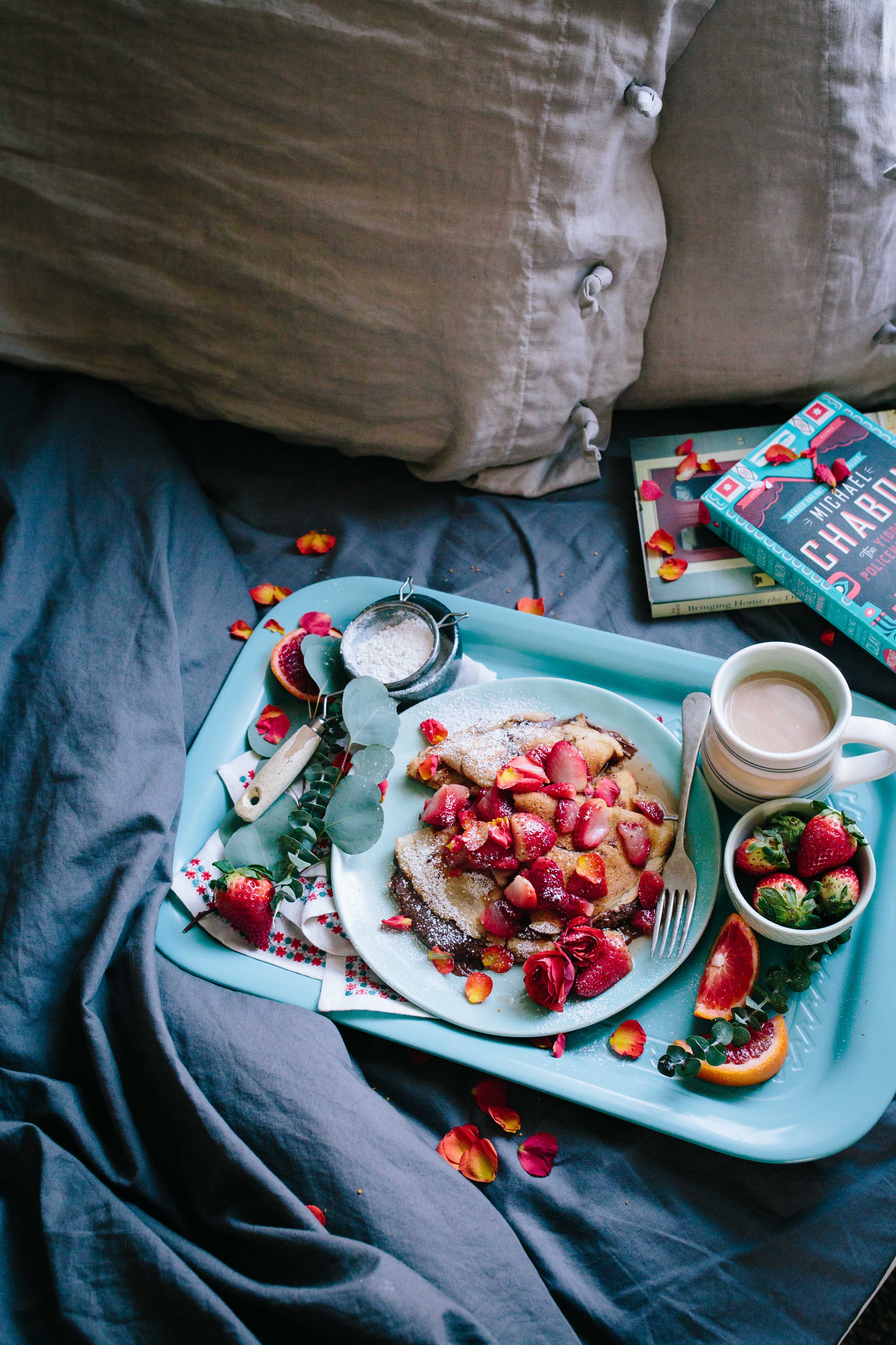 food, books, bed, tray, breakfast