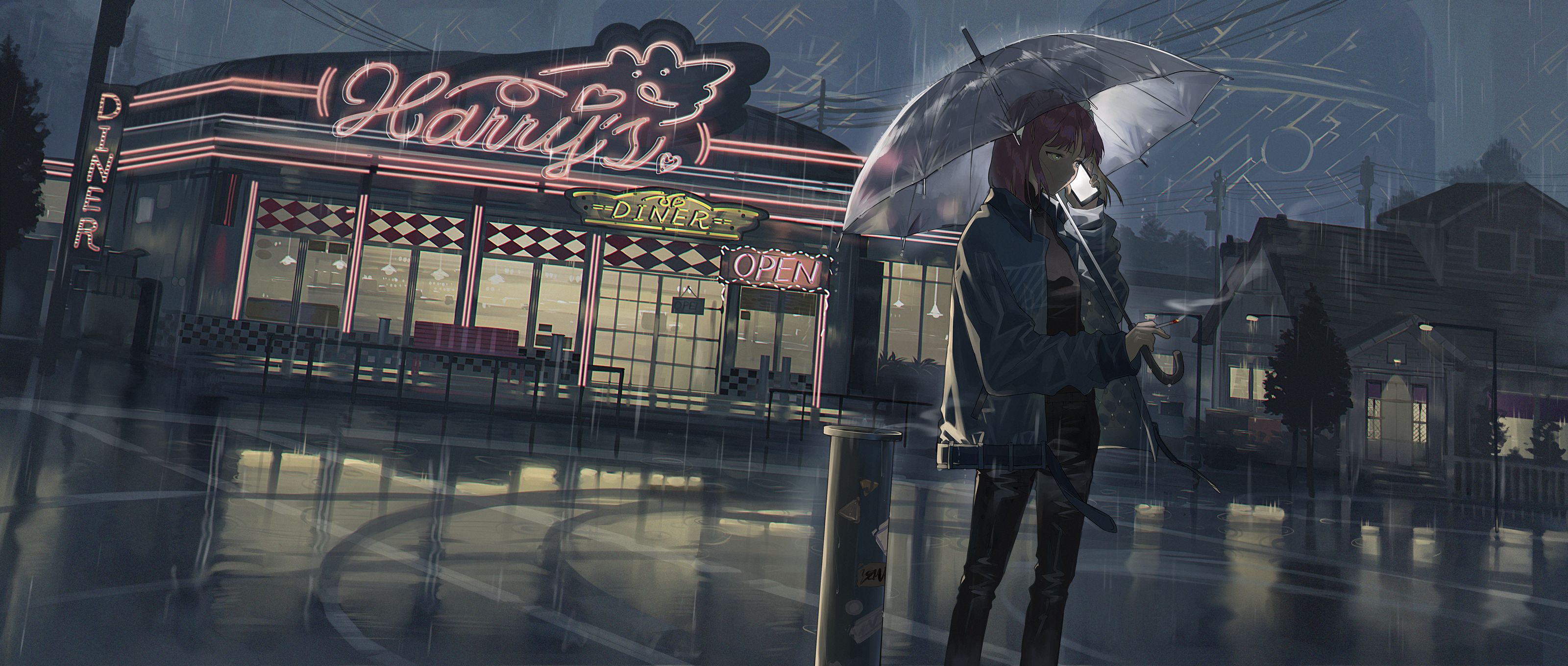 anime, women, pink hair, rain, short hair, smartphone, umbrella