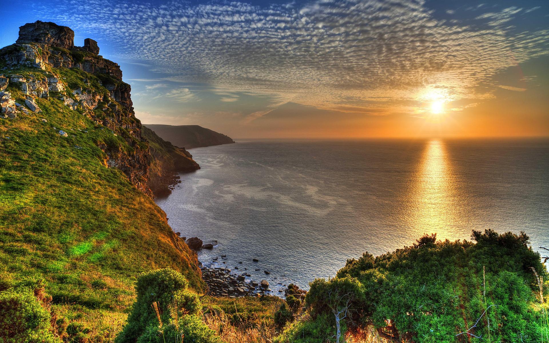 Free download wallpaper Sunset, Sea, Horizon, Mountain, Ocean, Earth, Coastline on your PC desktop