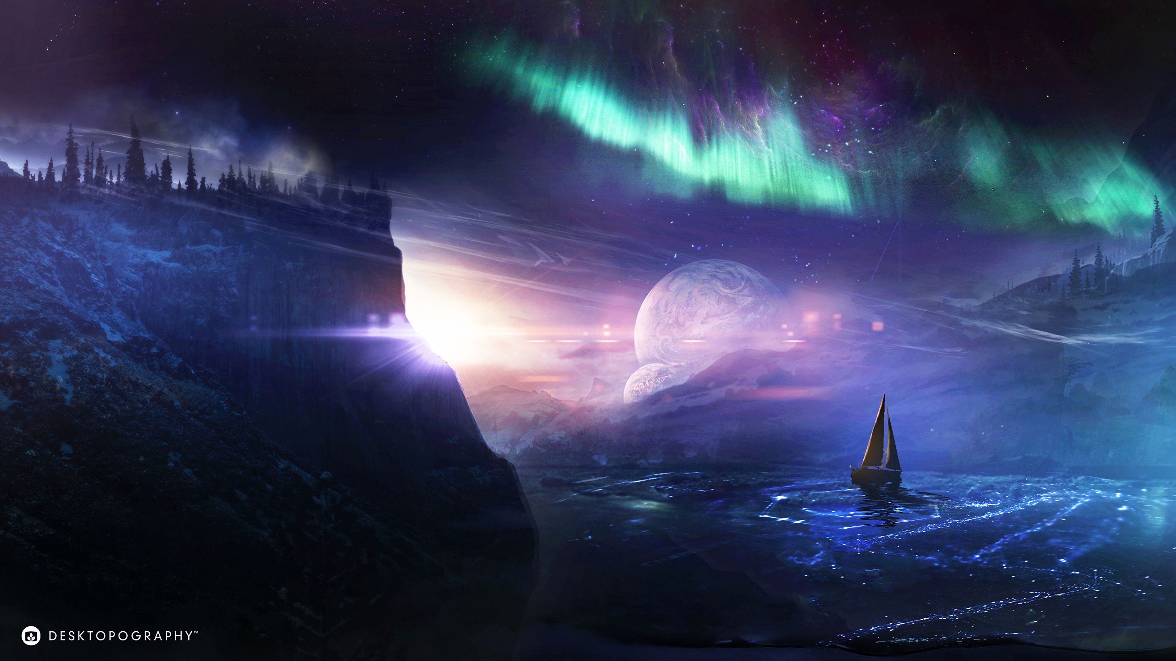 northern lights, art, planet, aurora borealis, night, boat HD wallpaper