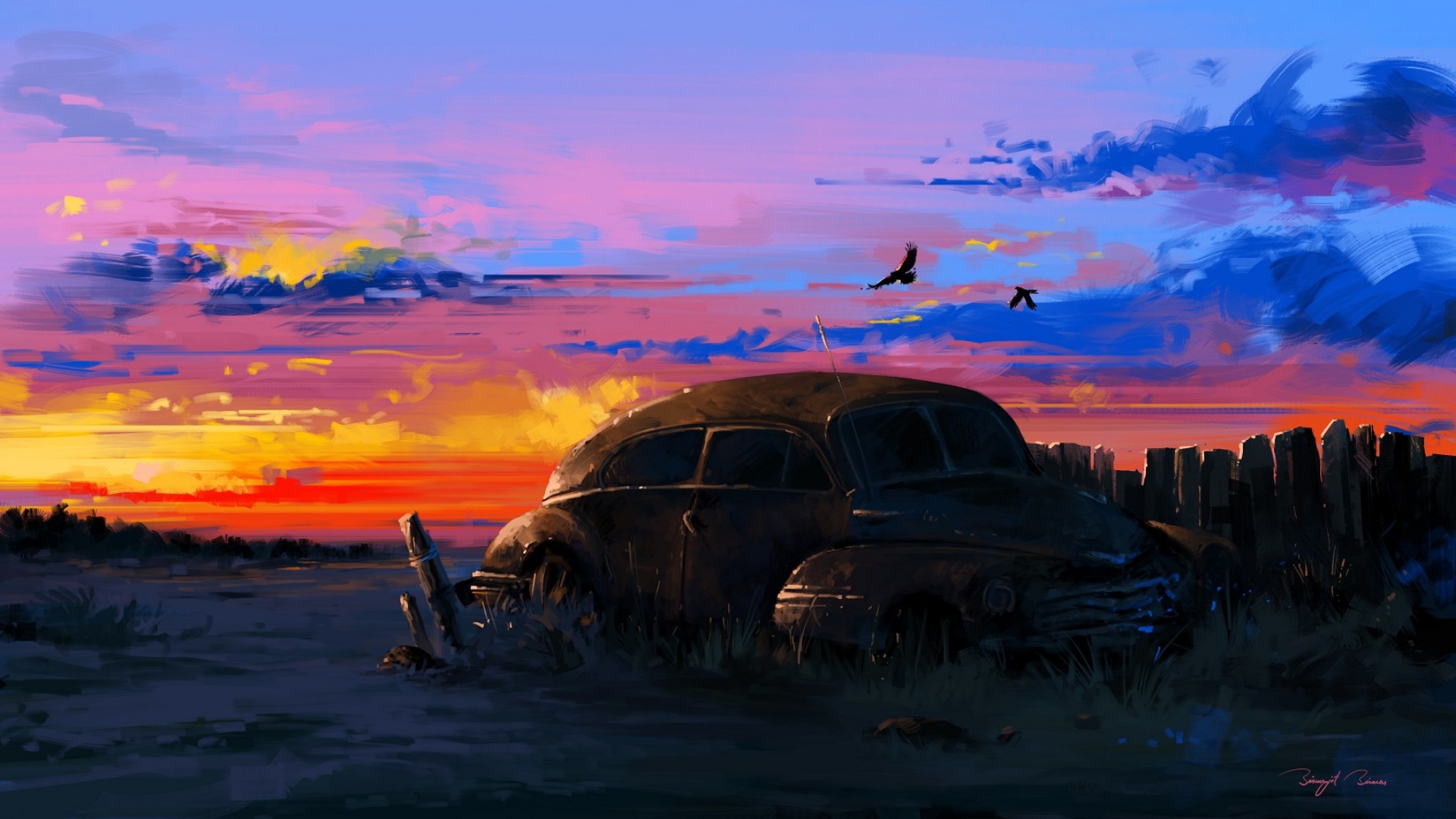 Free download wallpaper Sunset, Car, Wreck, Vehicles on your PC desktop