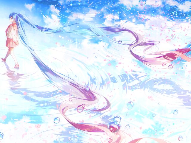 Free download wallpaper Anime, Water, Reflection, Vocaloid, Petal, Bubble, Skirt, School Uniform, Hatsune Miku, Long Hair, Twintails on your PC desktop
