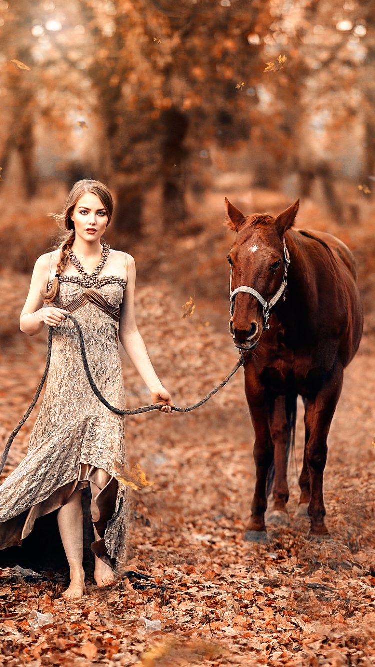 Download mobile wallpaper Leaf, Fall, Bokeh, Horse, Dress, Brunette, Model, Women, Braid for free.