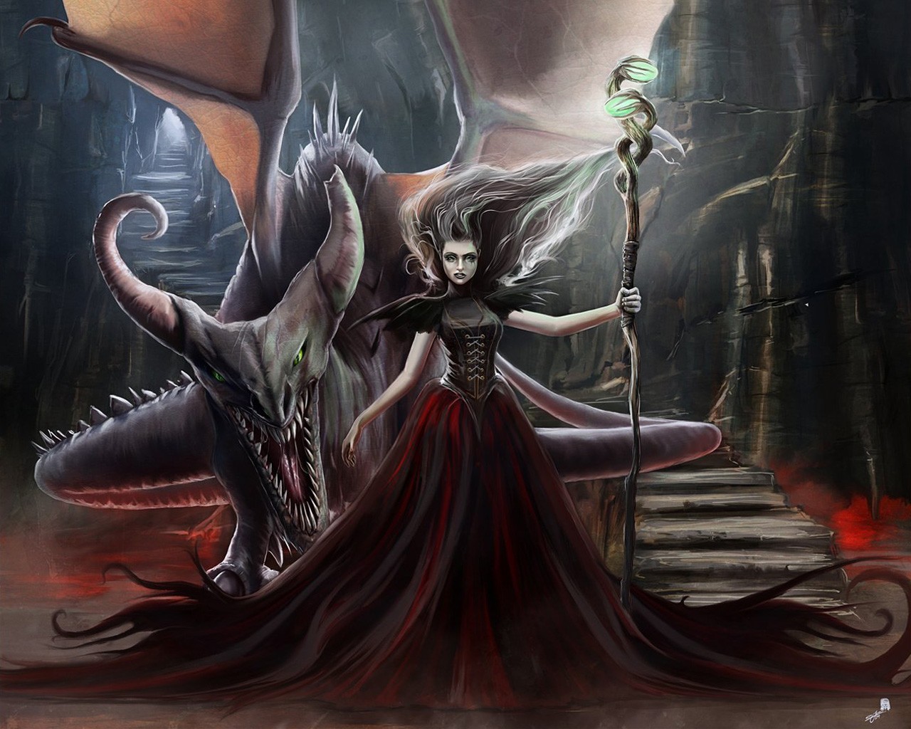 Free download wallpaper Fantasy, Dark, Dragon, Witch on your PC desktop
