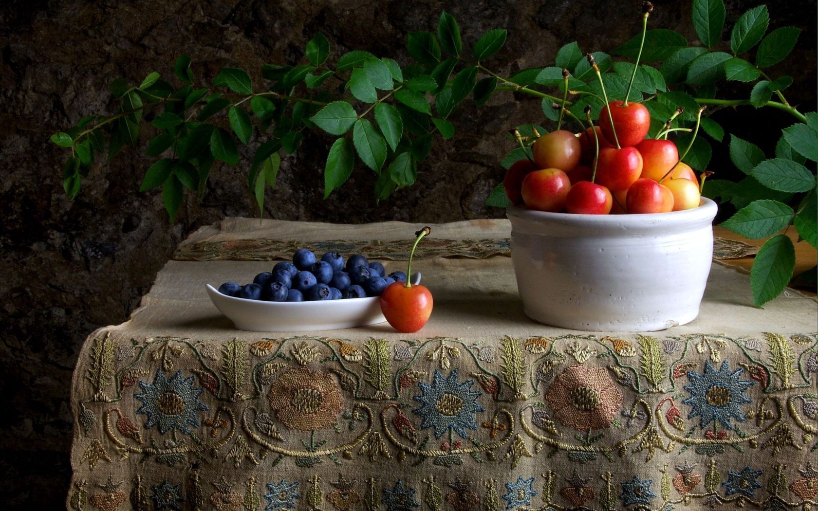 still life, sweet cherry, food, bilberries, berries, branch, table, tablecloth