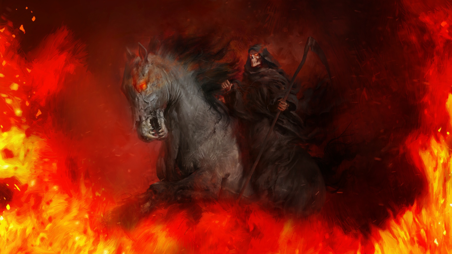 Скачать обои бесплатно Пламя, Лошадь, Тьма, Коса, Смерть С Косой картинка на рабочий стол ПК