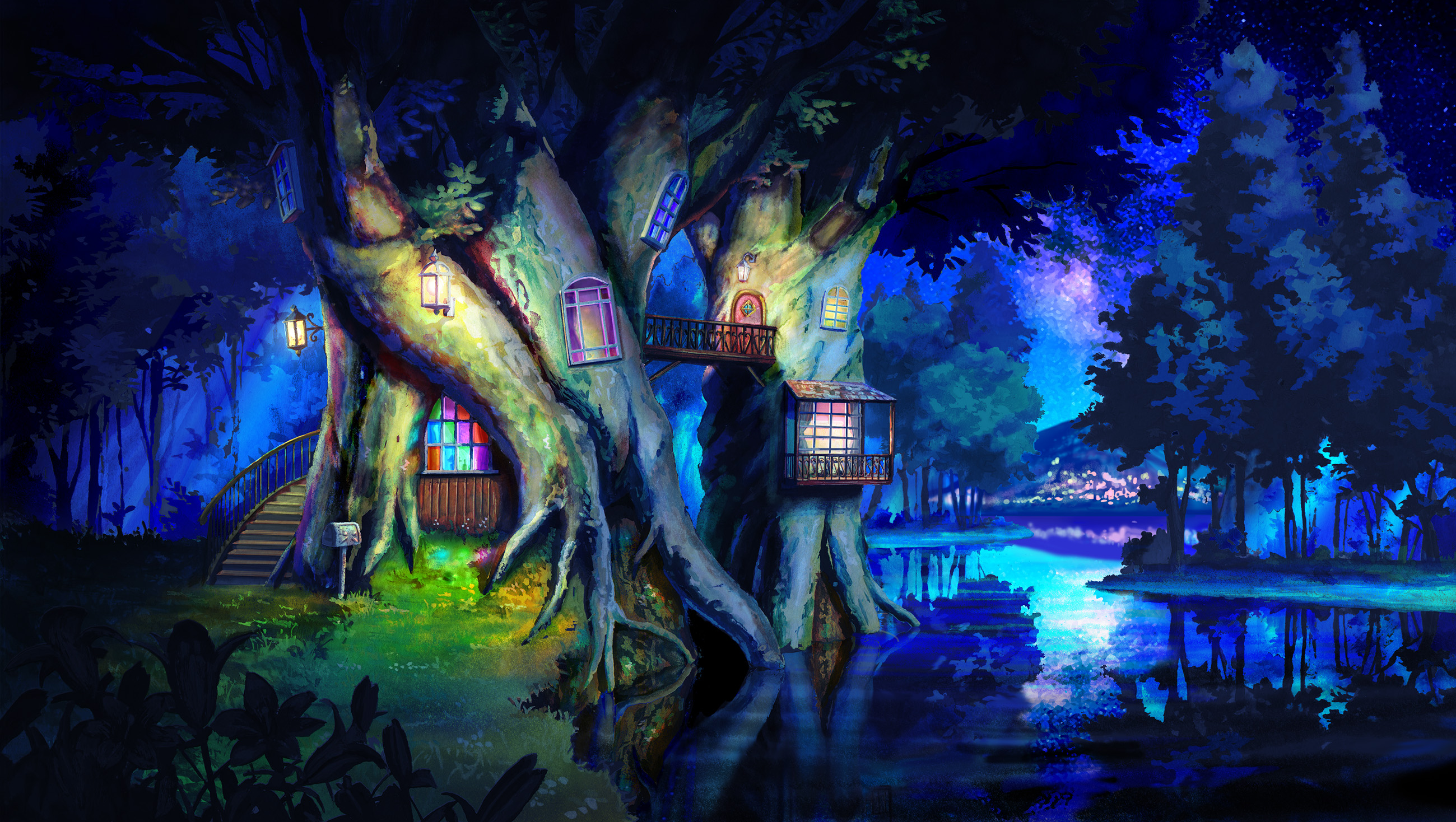 無料モバイル壁紙風景, 家, 川, 木, 森, 夜, アニメをダウンロードします。