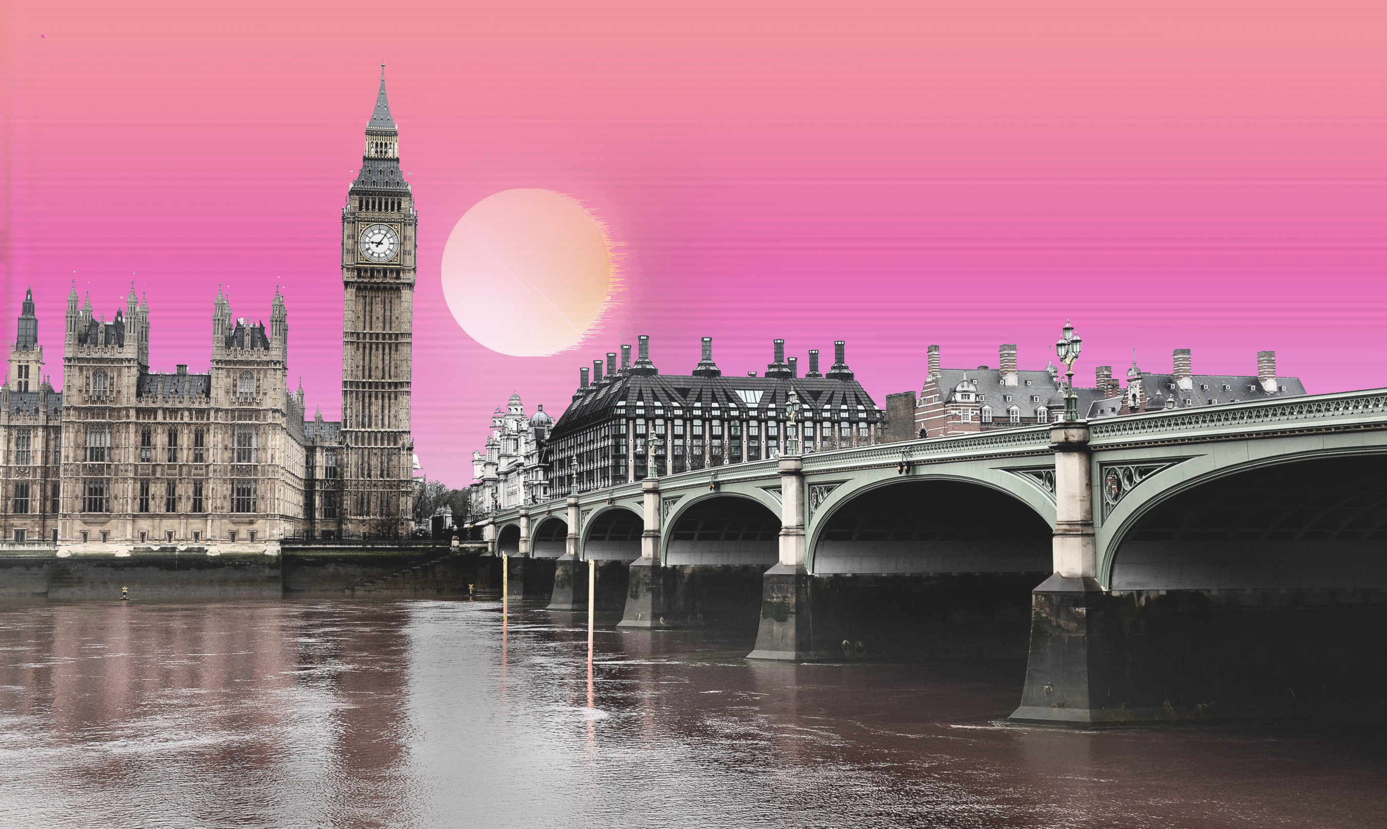 artistic, vaporwave, big ben, bridge, london, palace of westminster, united kingdom