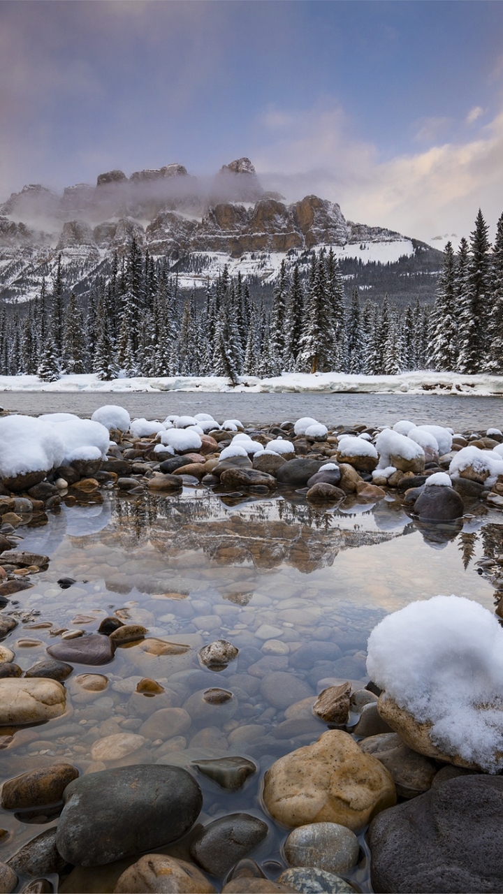 Download mobile wallpaper Winter, Nature, Snow, Mountain, Earth, Stone, River for free.