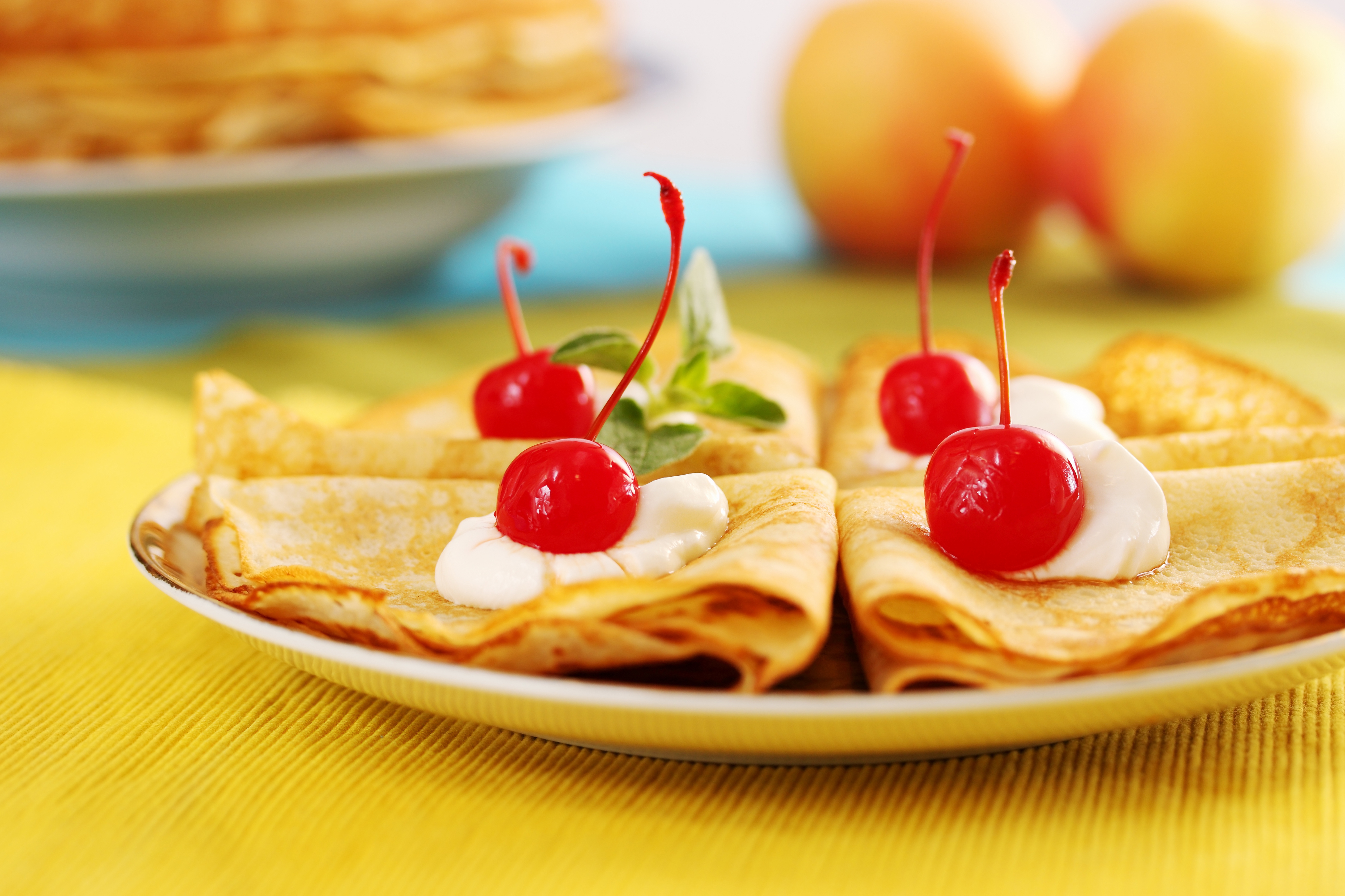 Download mobile wallpaper Food, Cherry, Cream, Mint, Crêpe for free.