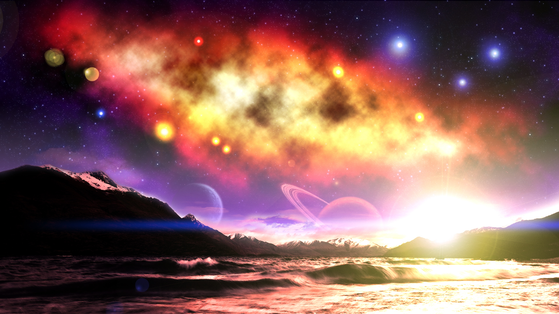 Download mobile wallpaper Stars, Sunrise, Nebula, Space, Planet, Sci Fi, Artistic for free.