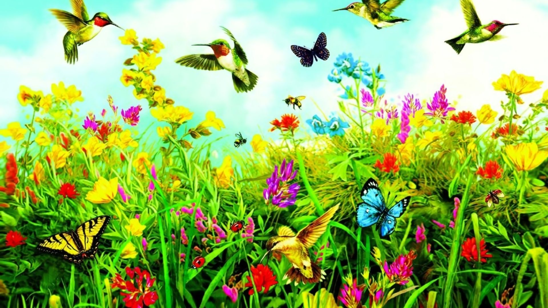 Download mobile wallpaper Flower, Bird, Butterfly, Colorful, Spring, Artistic for free.