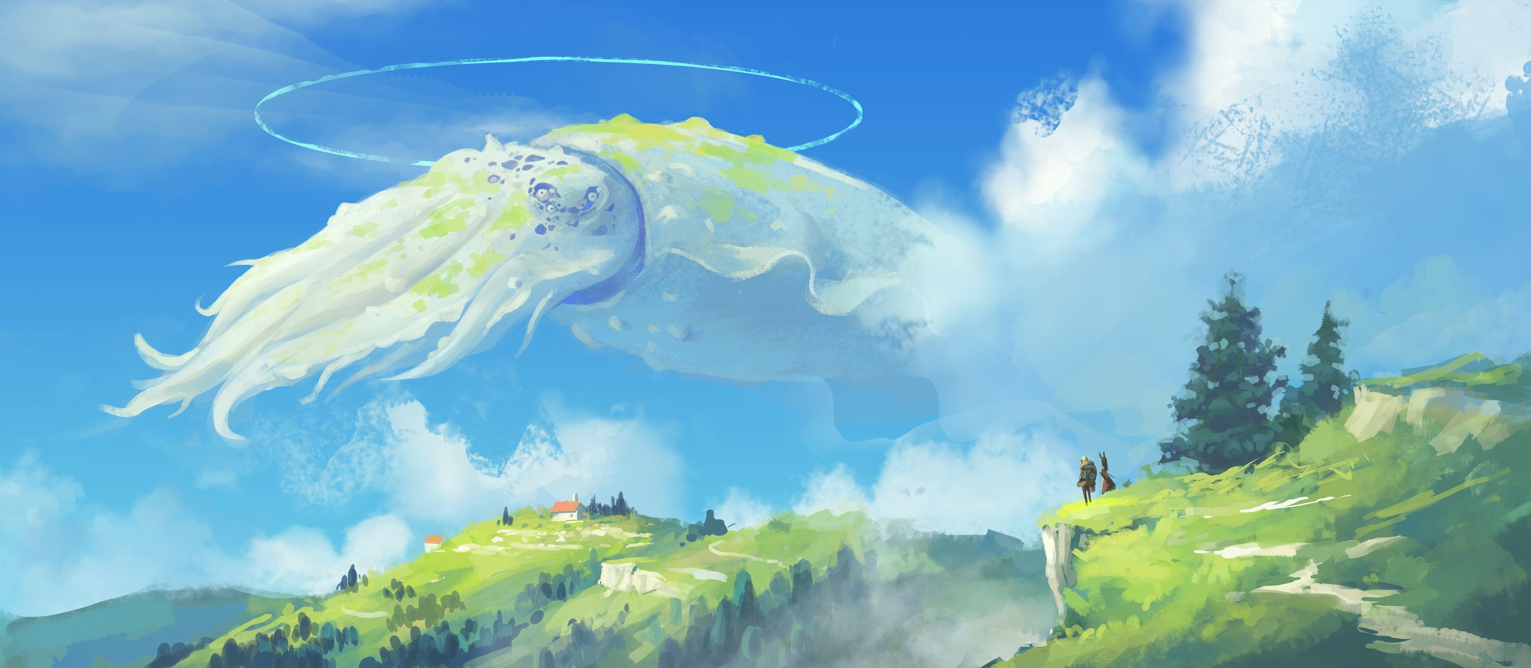 anime, landscape, sky, squid