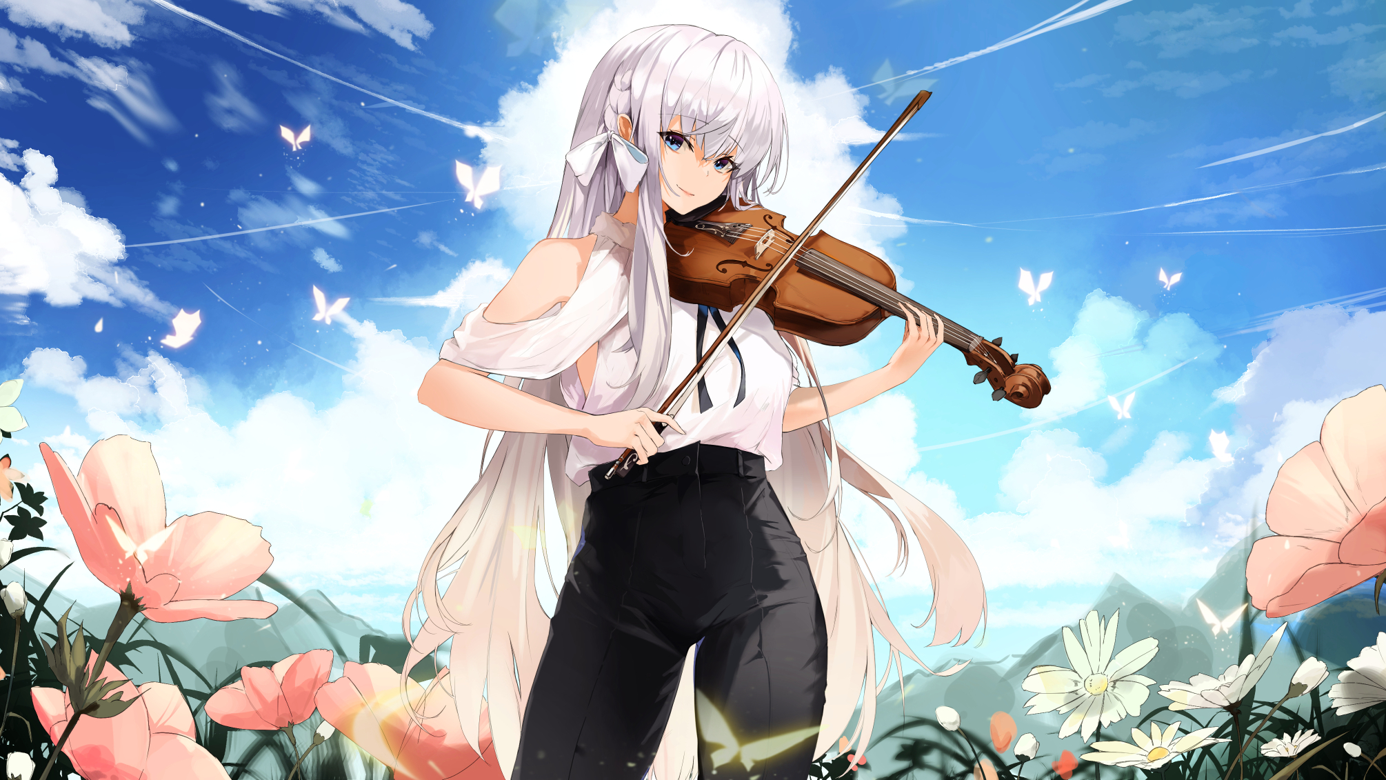 Download mobile wallpaper Music, Anime, Flower, Violin, Blue Eyes, Long Hair, White Hair, Instrument for free.