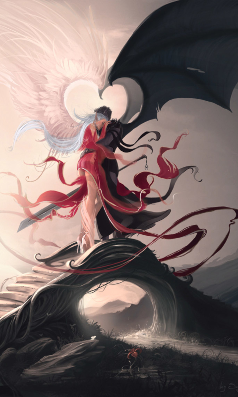 Download mobile wallpaper Fantasy, Love, Couple, Wings, Angel, Demon, Sword for free.