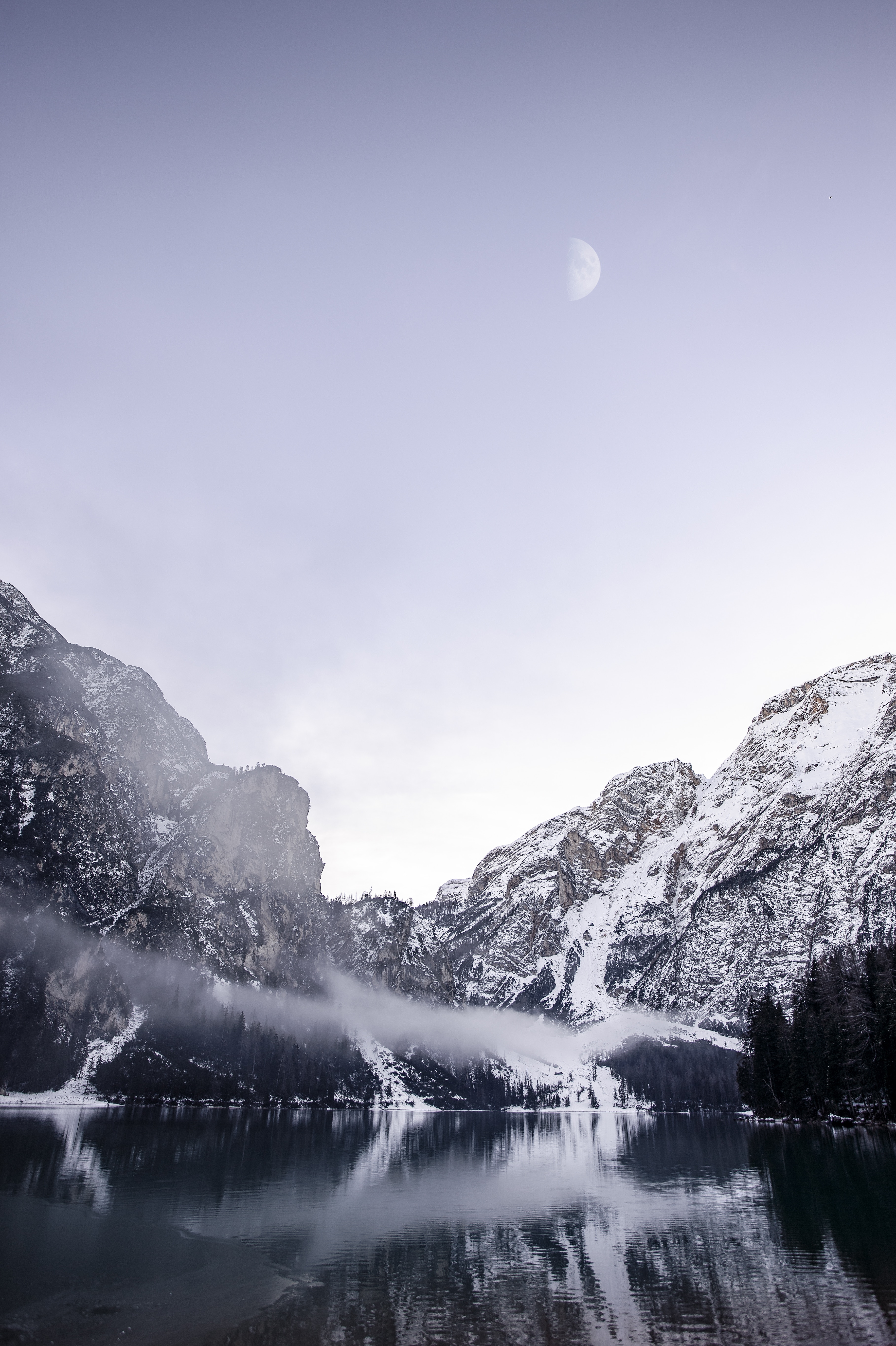 Free download wallpaper Snow Covered, Snowbound, Nature, Lake, Fog, Mountains, Landscape on your PC desktop