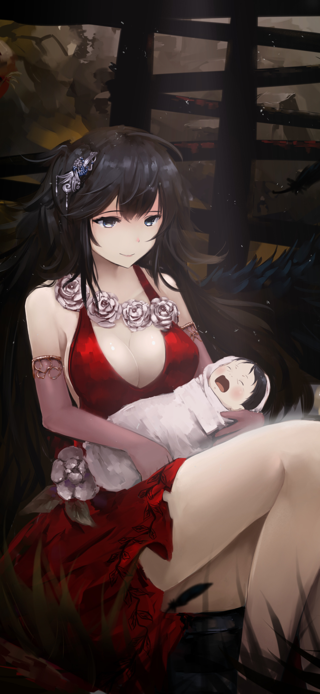 Download mobile wallpaper Anime, Smile, Glove, Blue Eyes, Original, Baby, Black Hair, Long Hair, Red Dress for free.