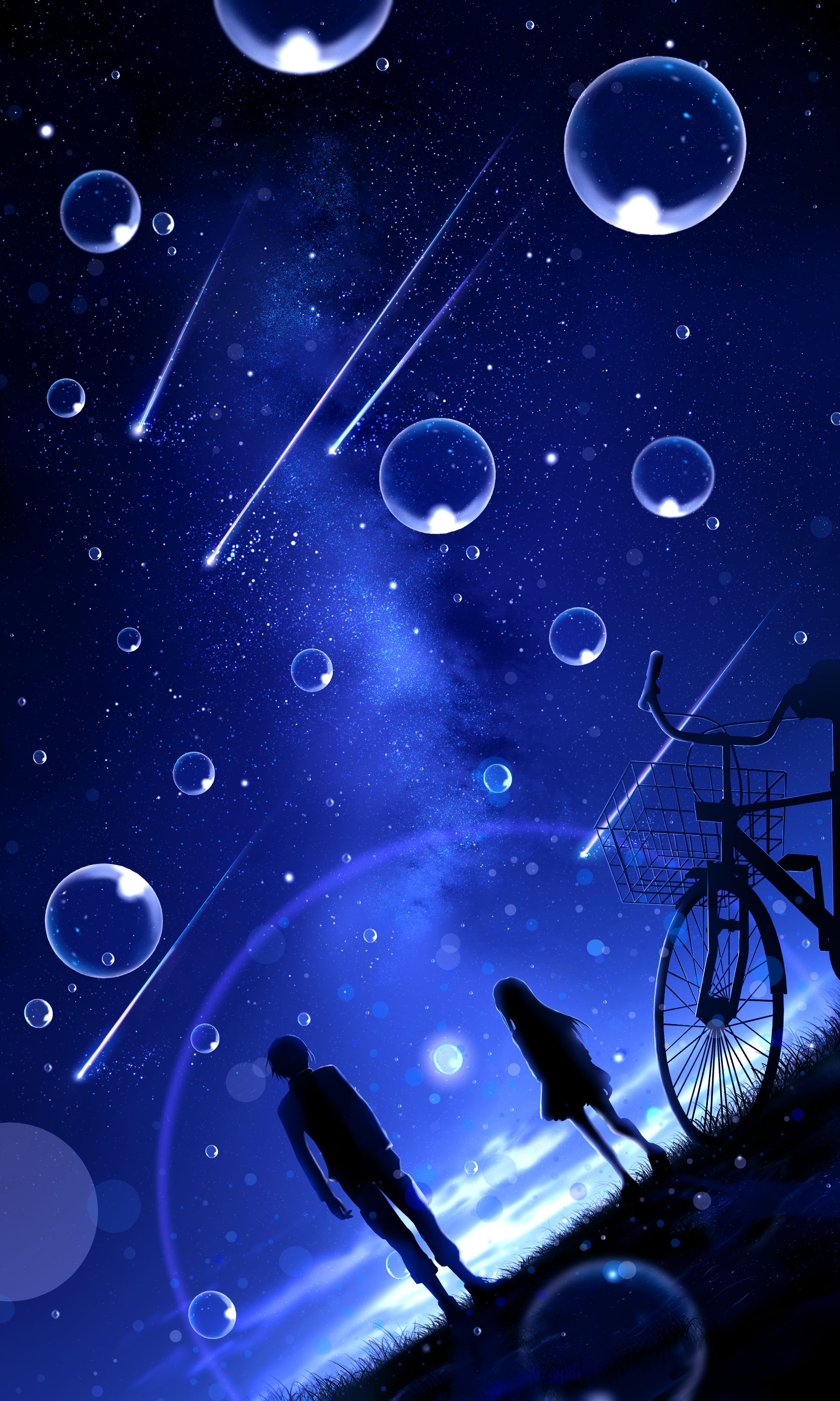 104610 скачать обои пузыри, звездное небо, силуэты, арт, ночь, метеоры - заставки и картинки бесплатно