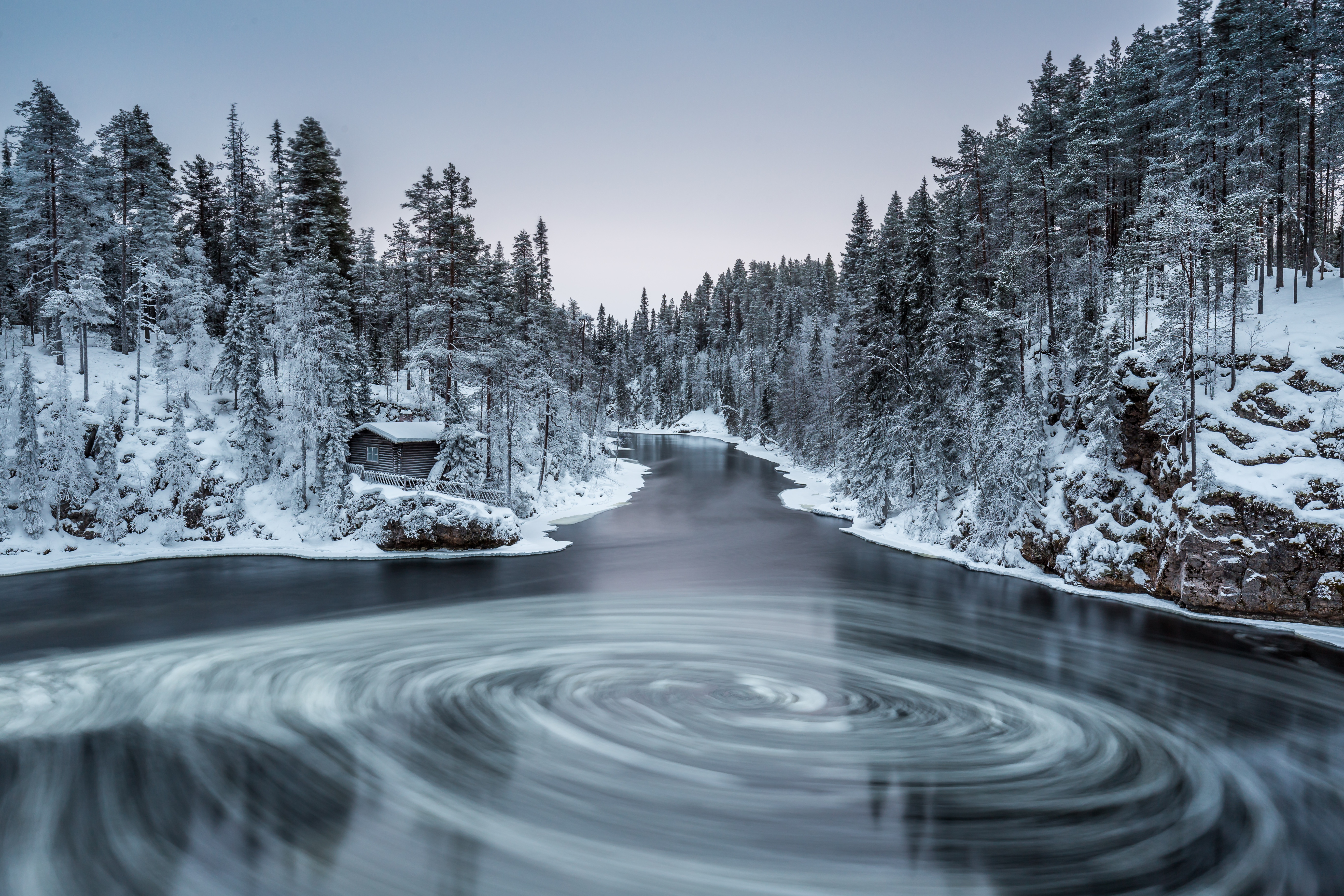 Download mobile wallpaper Winter, Nature, Snow, Forest, Earth, River, Cabin, Swirl for free.