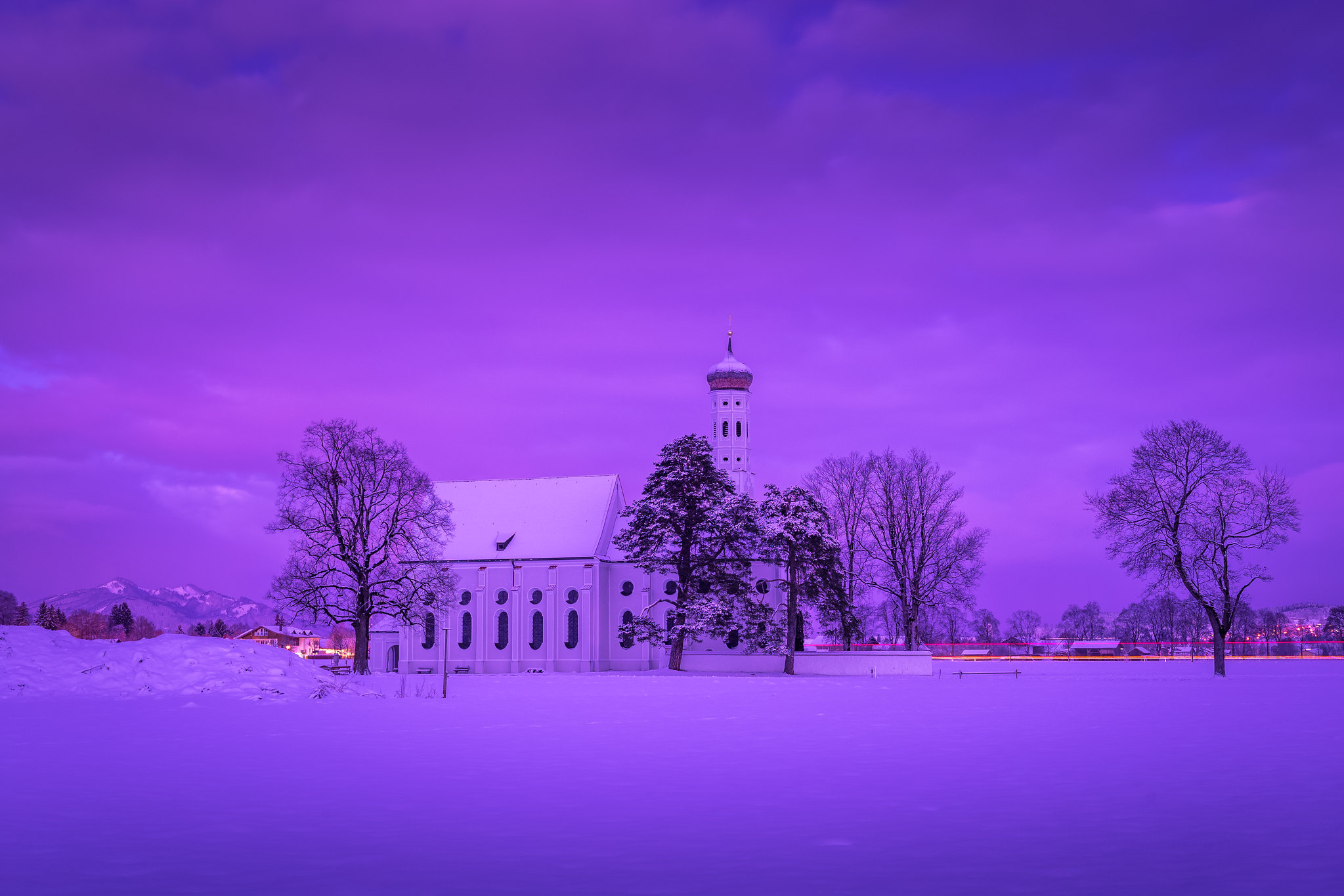 Download mobile wallpaper Winter, Snow, Purple, Church, Churches, Religious for free.