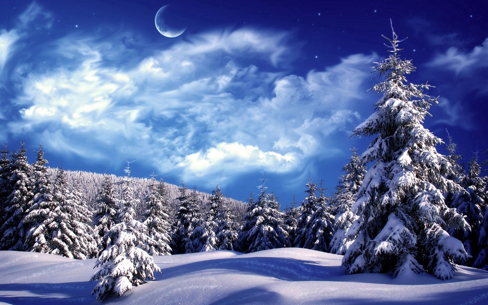69397 скачать обои снег, природа, сугробы, деревья, небо, облака, луна, ели - заставки и картинки бесплатно