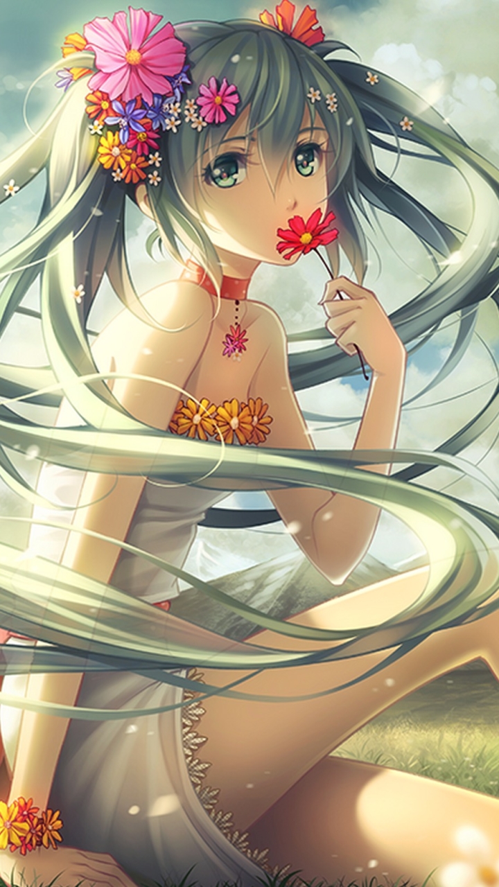 Download mobile wallpaper Anime, Flower, Vocaloid, Green Hair, Green Eyes, Hatsune Miku, Long Hair, Twintails for free.