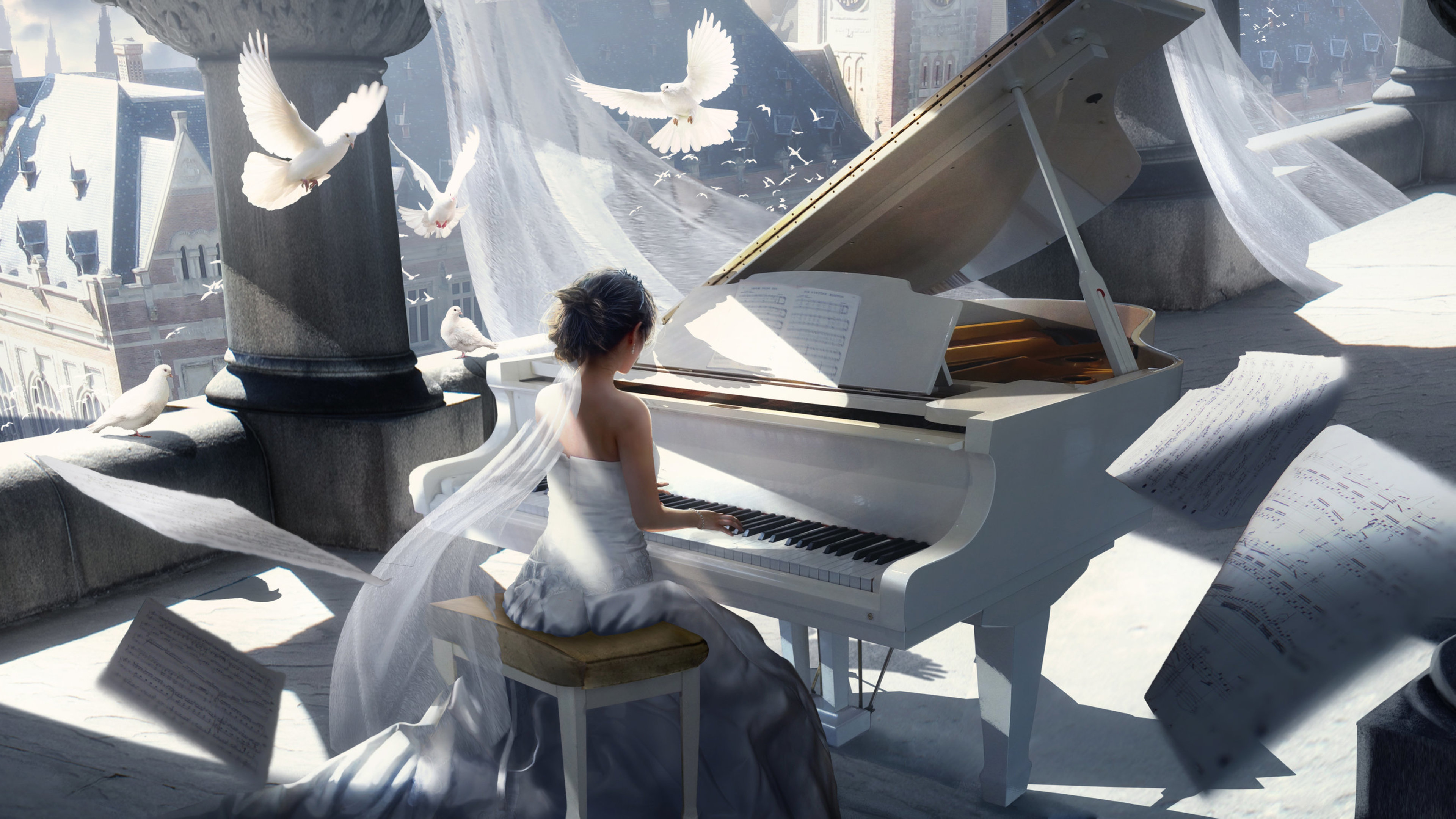 piano, artistic, painting, bird, dove, instrument, sheet music, white dress