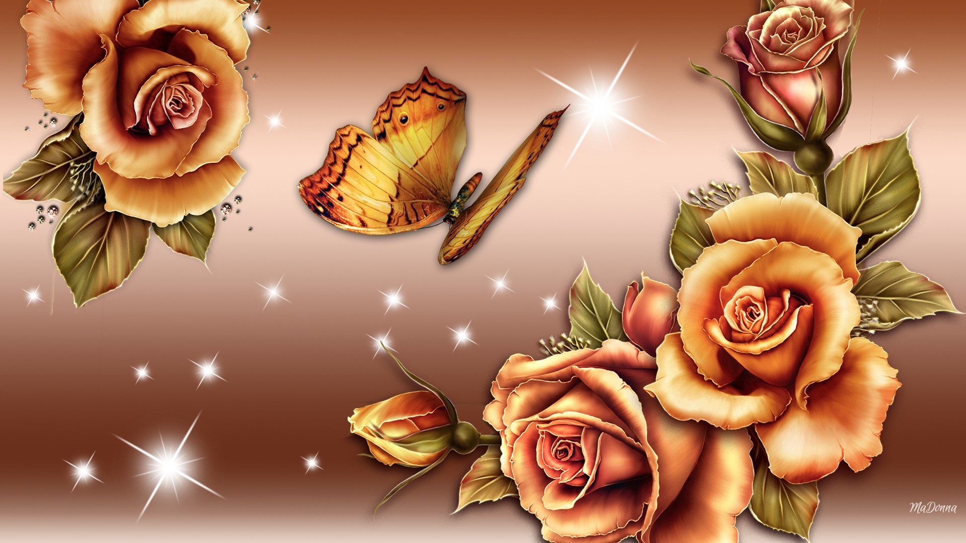 Handy-Wallpaper Schmetterlinge, Blumen, Blume, Rose, Künstlerisch, Orange Farbe) kostenlos herunterladen.