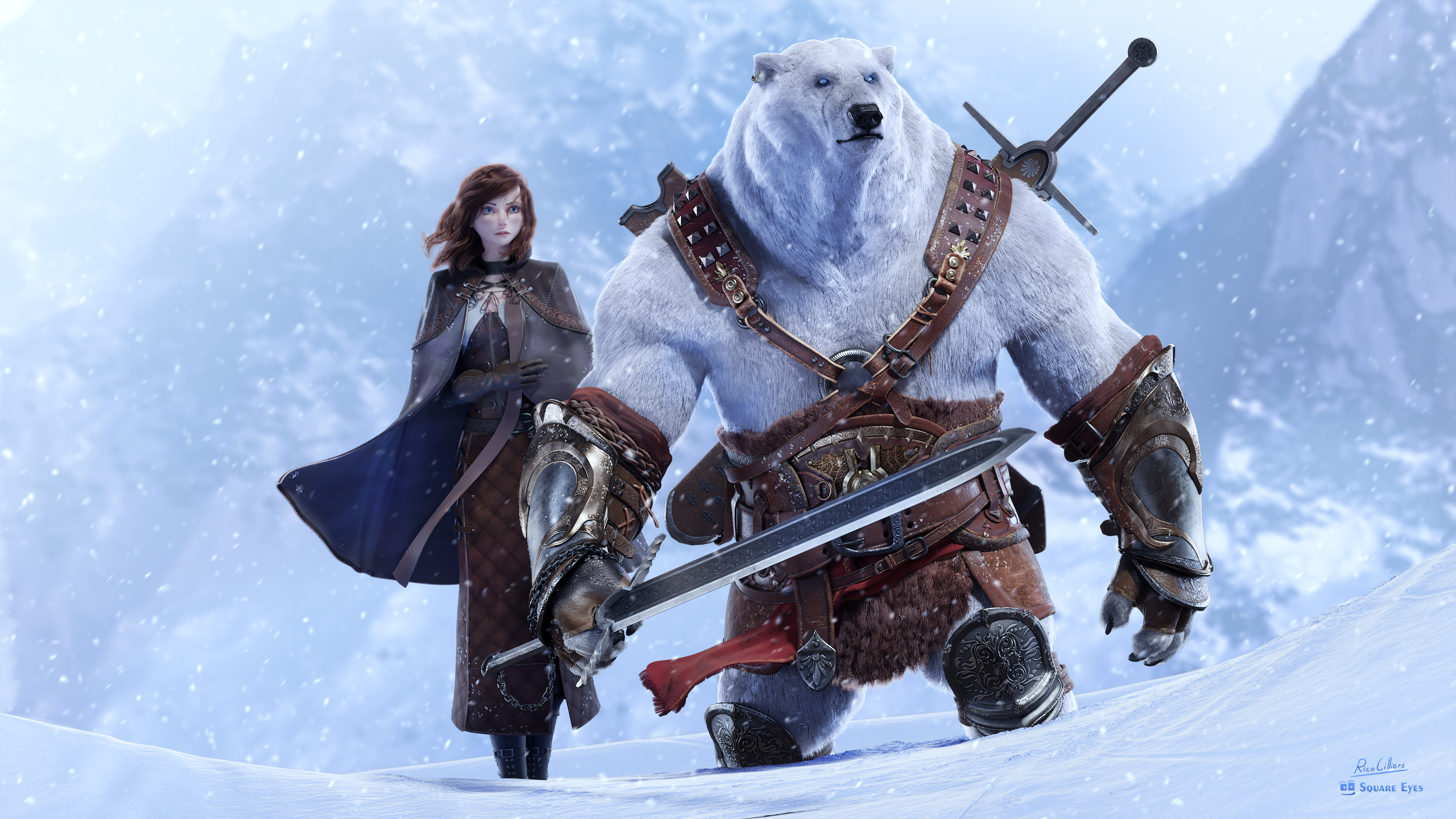 862355 скачать обои фэнтези, белый медведь, воин, голубые глаза, снег, мечи - заставки и картинки бесплатно