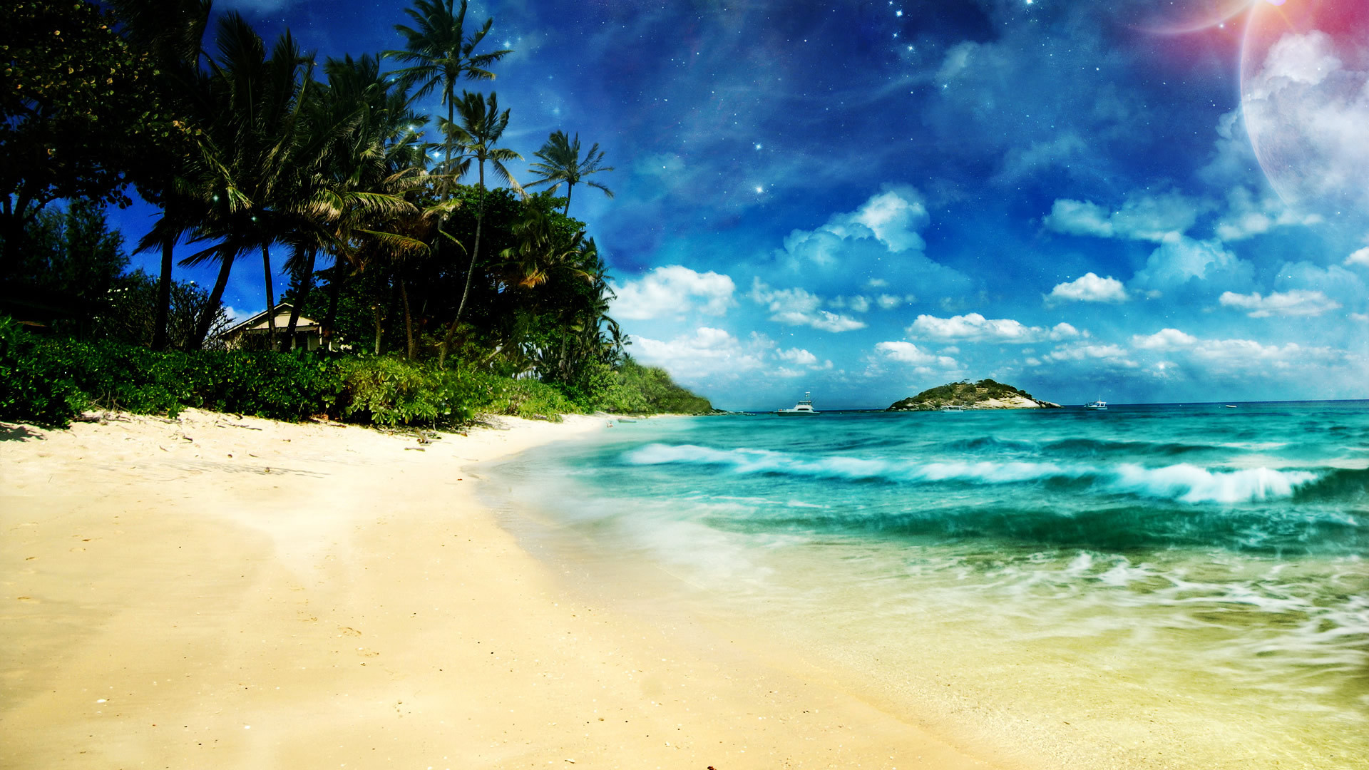 Скачать картинку Пейзаж, Пляж, Пальмы в телефон бесплатно.
