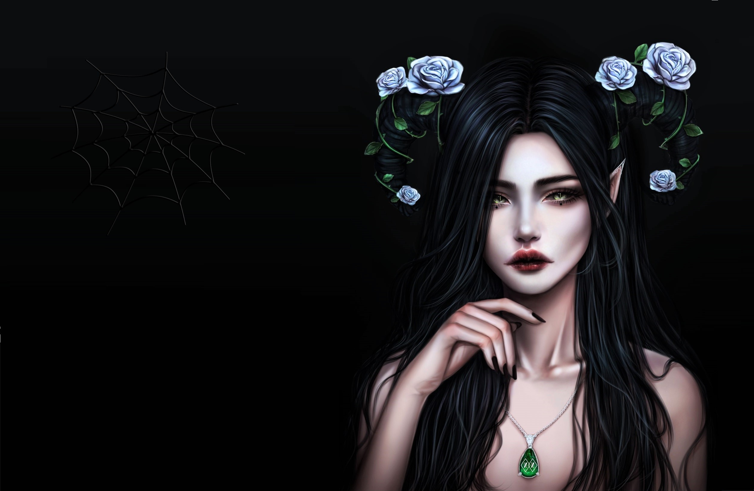 Download mobile wallpaper Fantasy, Gothic, Rose, Elf, Black Hair, Spider Web for free.