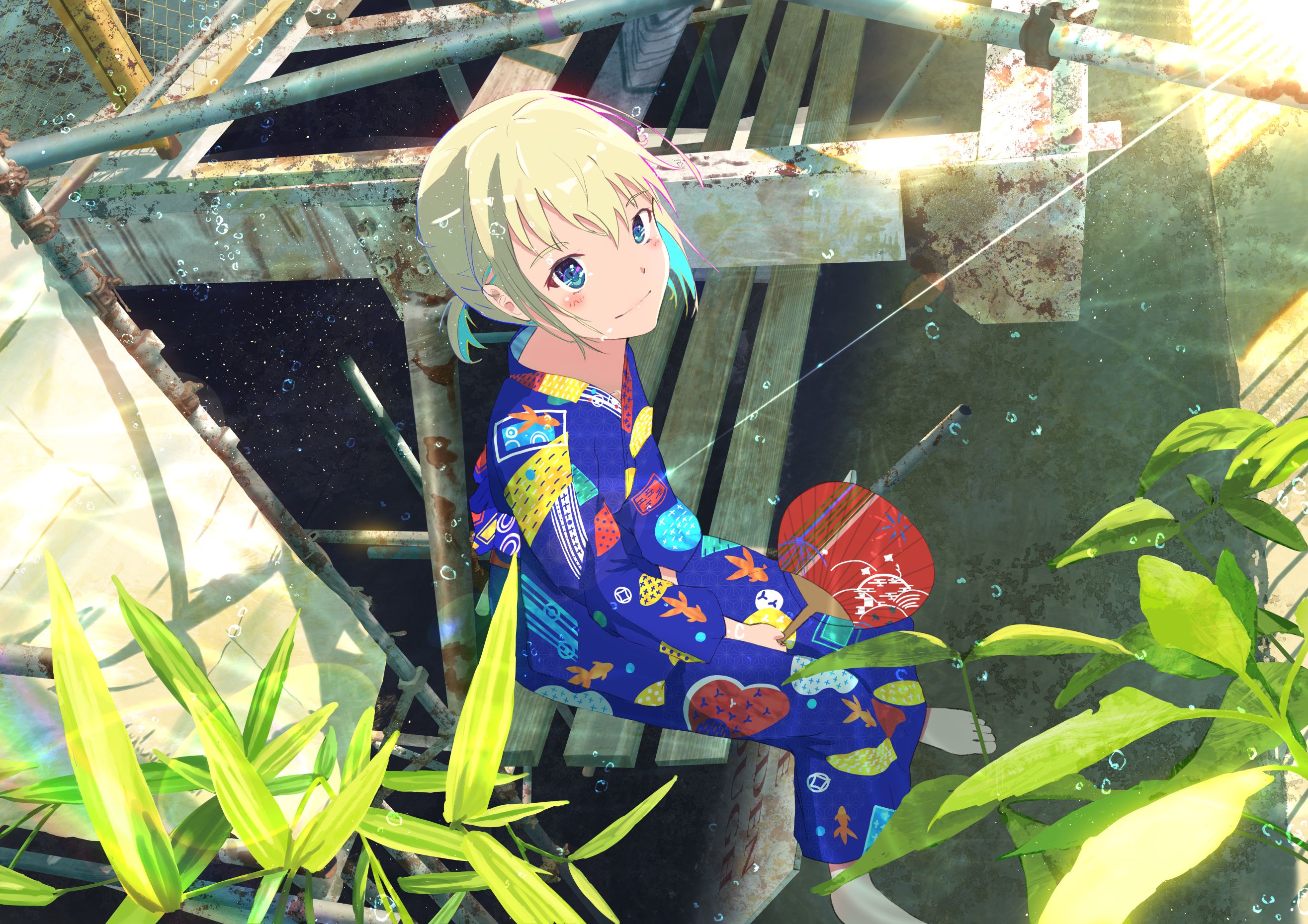 Handy-Wallpaper Blaue Augen, Original, Blondinen, Animes, Yukata kostenlos herunterladen.