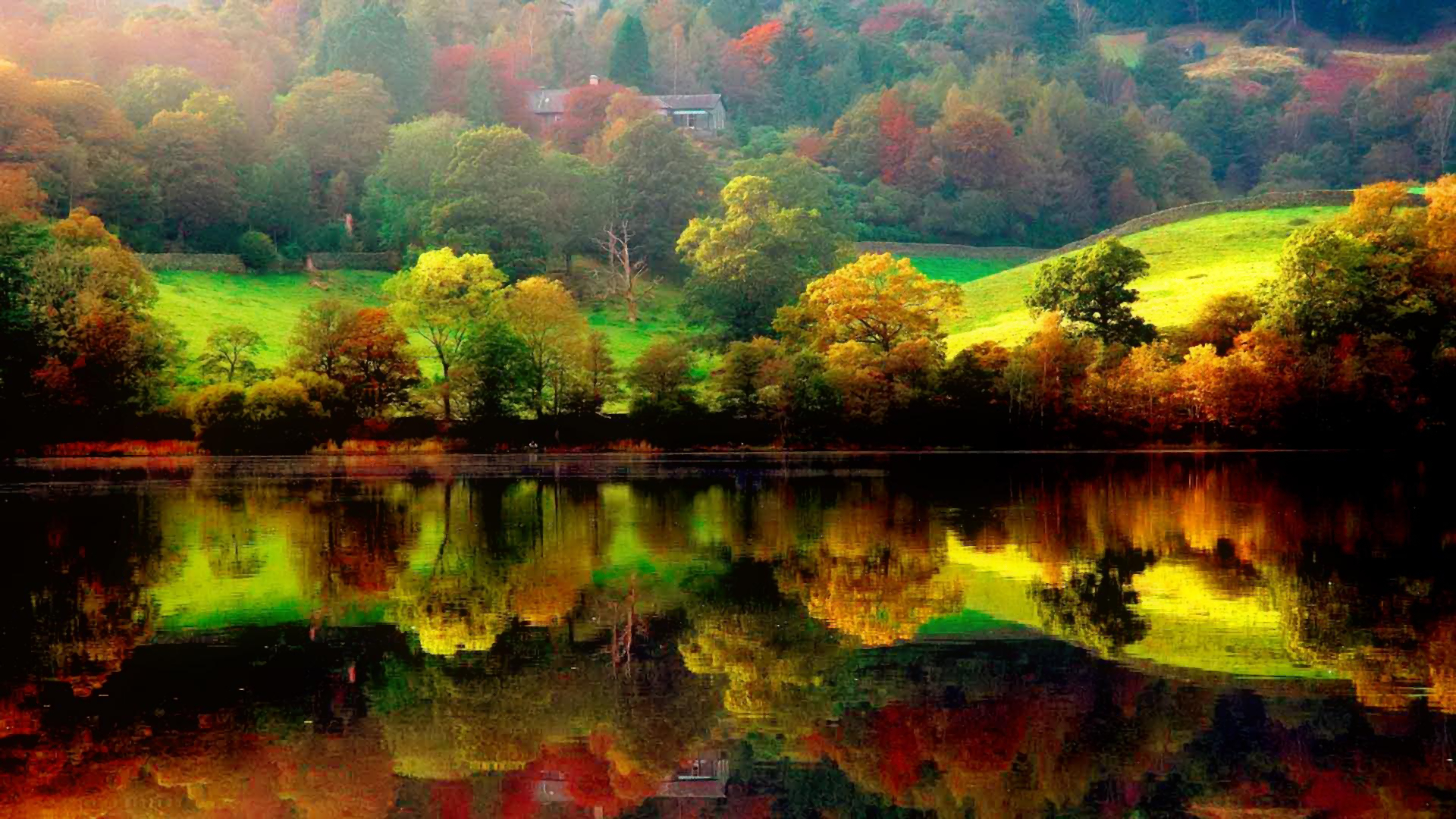 Скачать картинку Осень, Гора, Озеро, Отражение, Дерево, Дом, Ландшафт, Фотографии в телефон бесплатно.