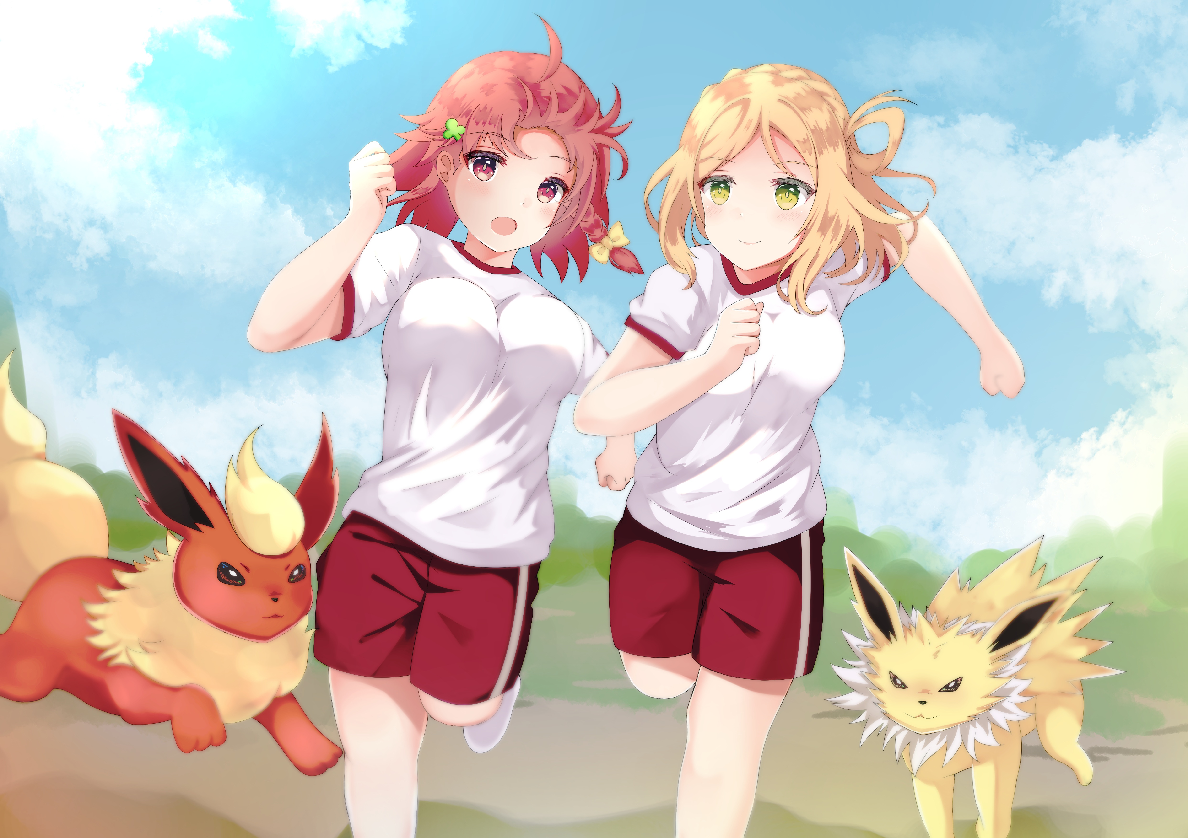 Download mobile wallpaper Anime, Pokémon, Crossover, Flareon (Pokémon), Jolteon (Pokémon), Love Live! Sunshine!!, Mari Ohara, Chika Takami for free.