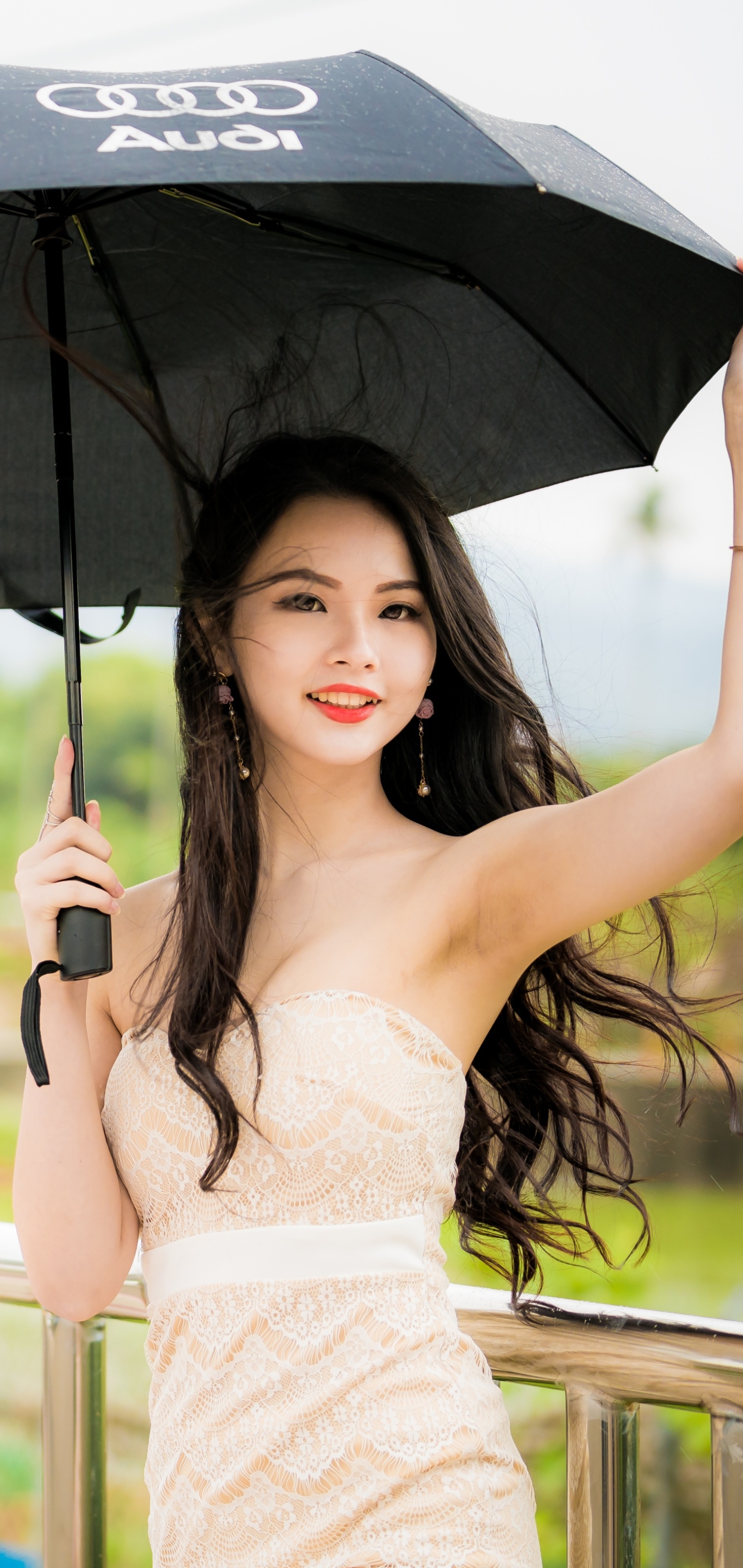 Download mobile wallpaper Umbrella, Model, Women, Asian, Black Hair, Long Hair, White Dress for free.