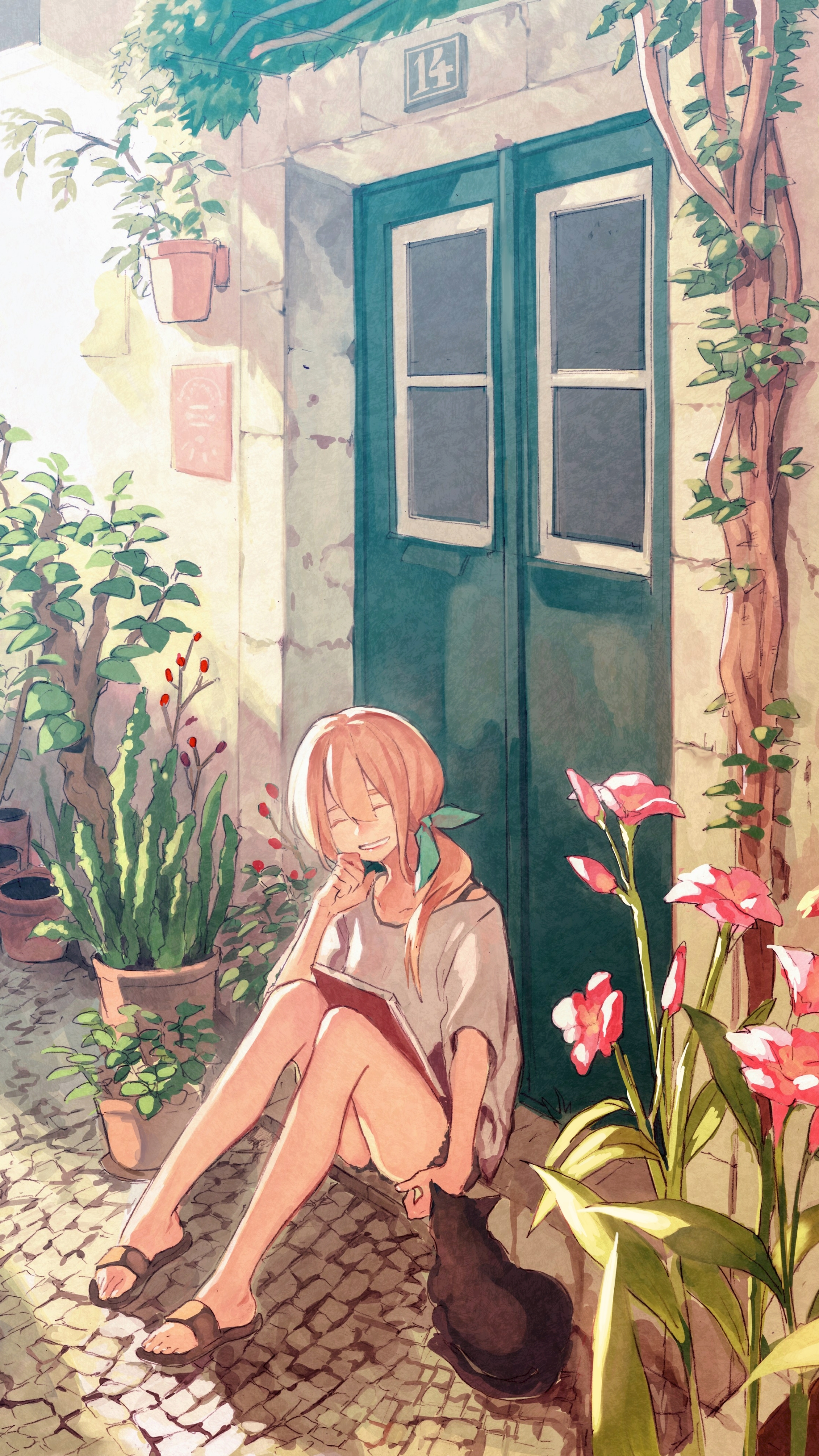 Download mobile wallpaper Anime, Flower, Cat, Book, Blonde, Original, Long Hair for free.