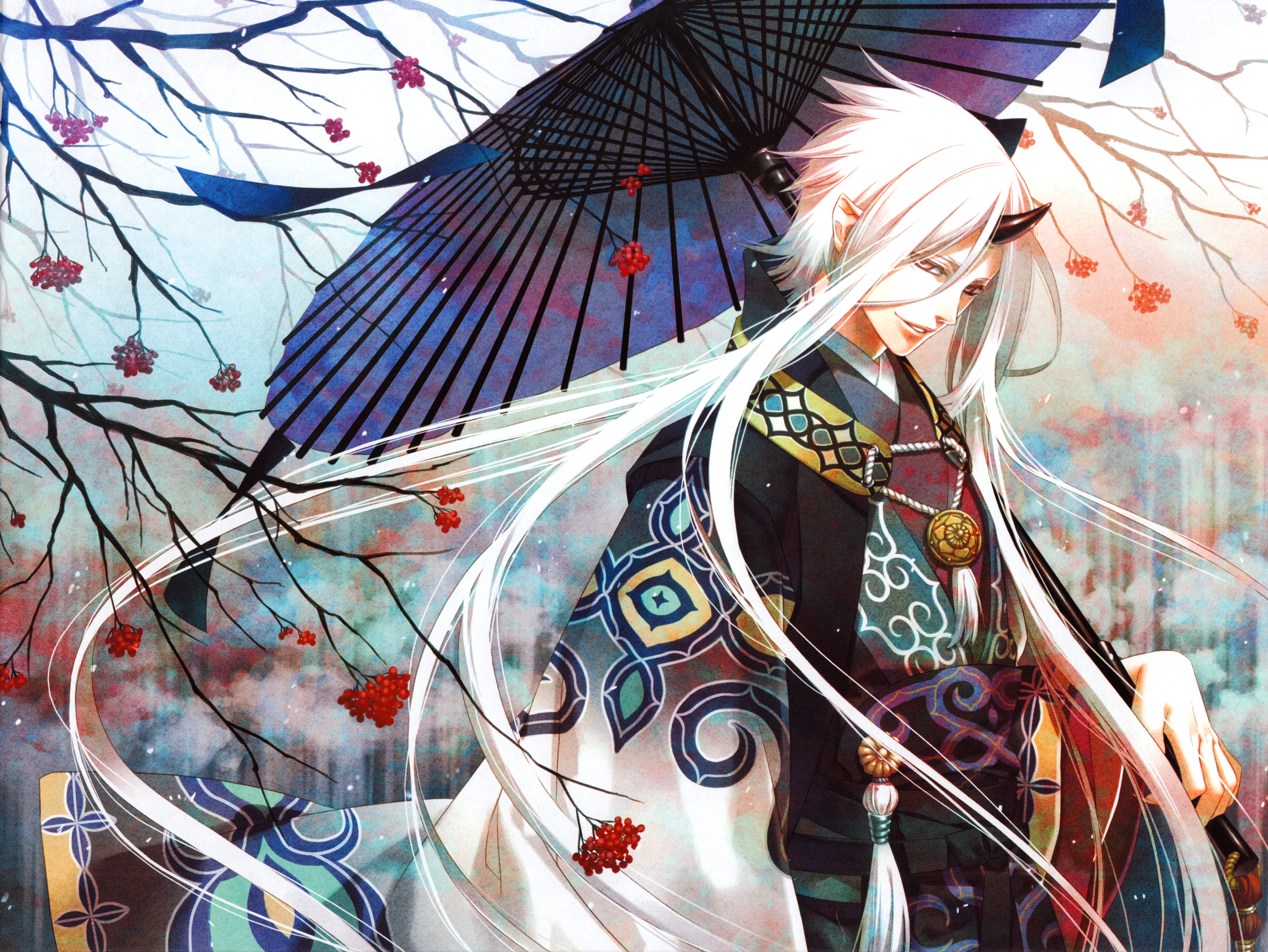 1530295 Hintergrundbild herunterladen animes, original, hörner, kimono, lange haare, sonnenschirm, spitze ohren, rote augen, lächeln, weißes haar - Bildschirmschoner und Bilder kostenlos