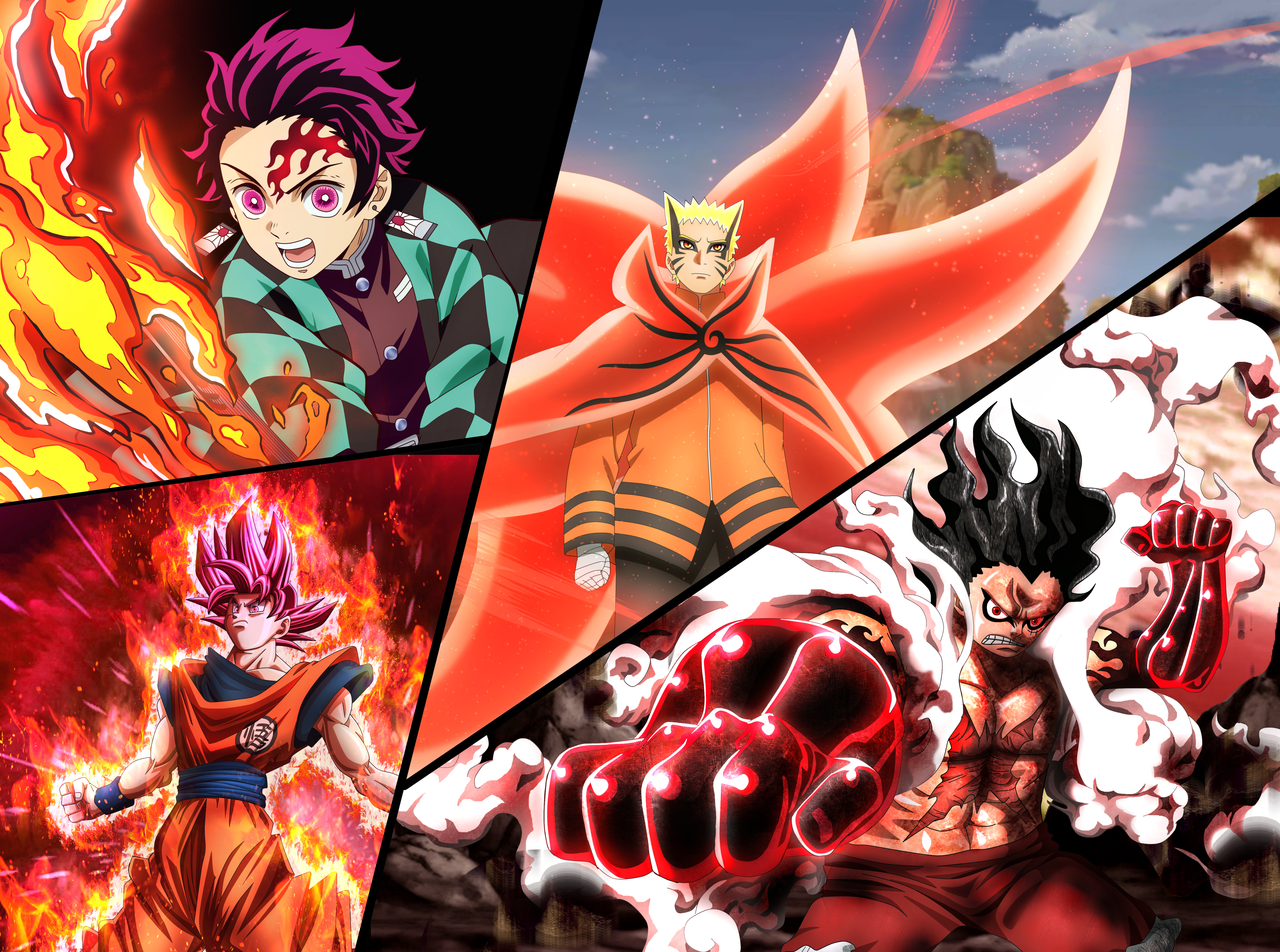 Handy-Wallpaper Crossover, Animes, Son Goku, Naruto Uzumaki, Affe D Luffy, Tanjiro Kamado, Hinokami Kagura, Baryon Modus (Naruto) kostenlos herunterladen.