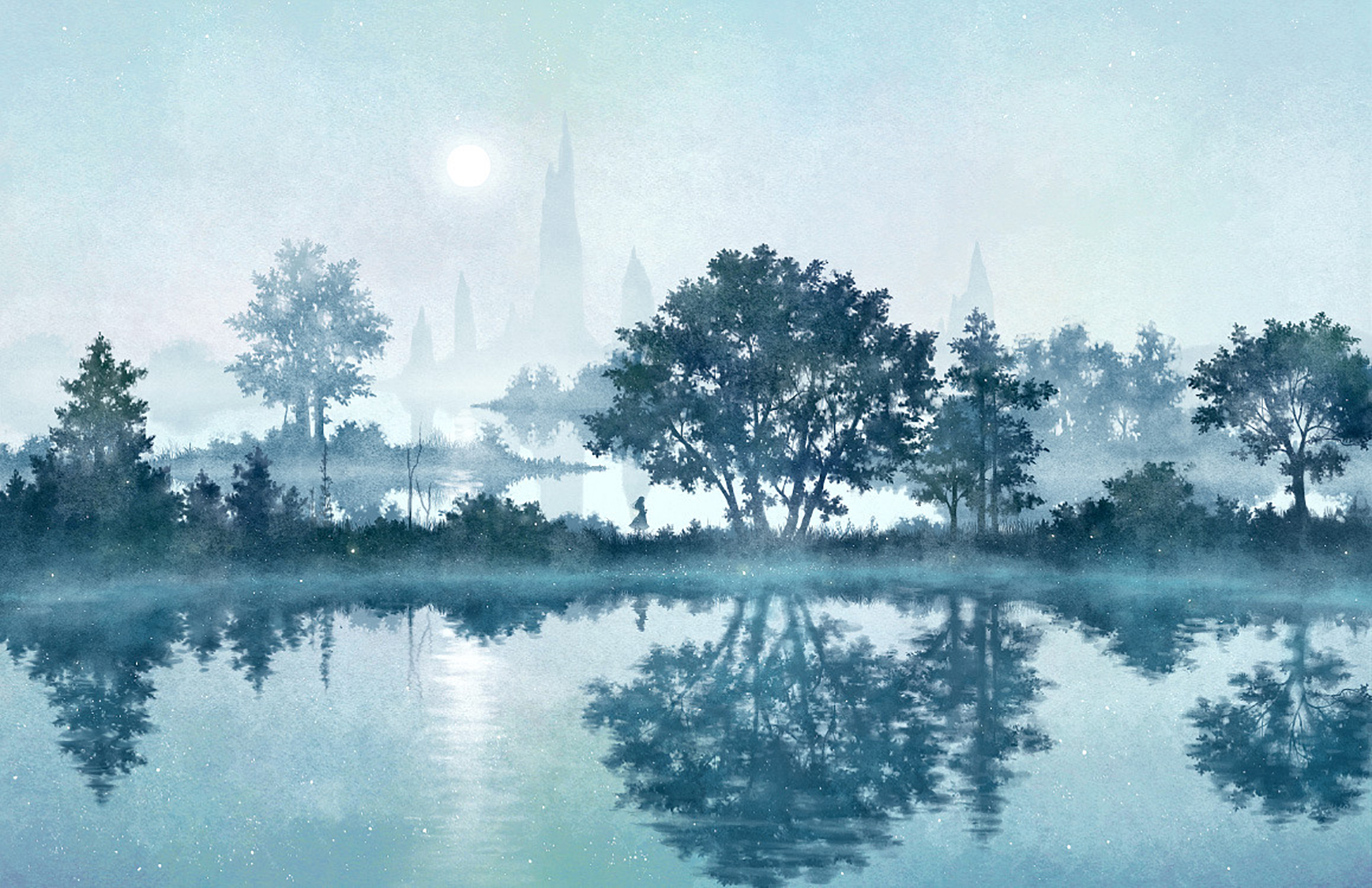 Download mobile wallpaper Anime, Sky, Sun, Lake, Tree, Fog, Original, Scenery for free.