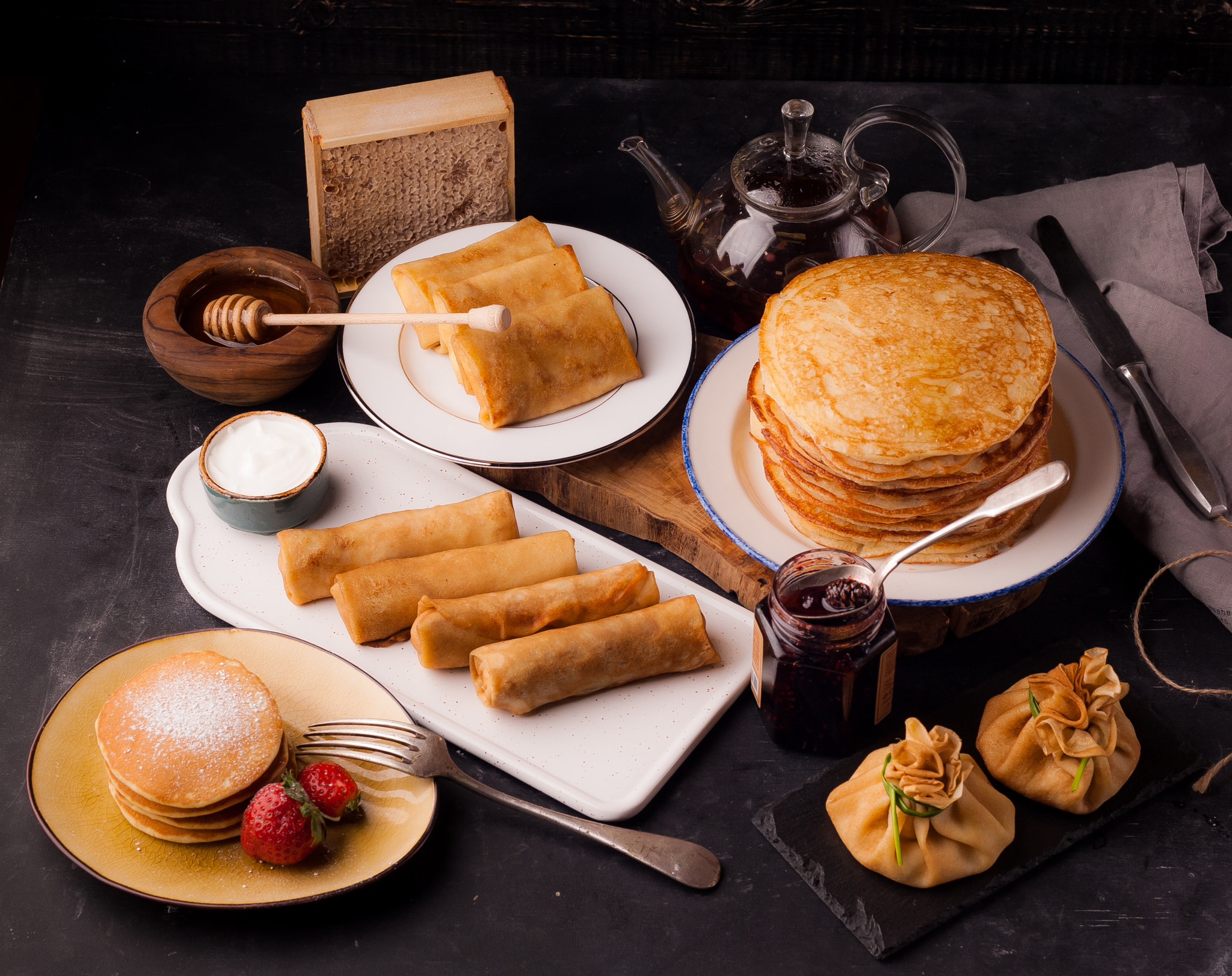 Download mobile wallpaper Food, Still Life, Jam, Breakfast, Pancake, Crêpe for free.