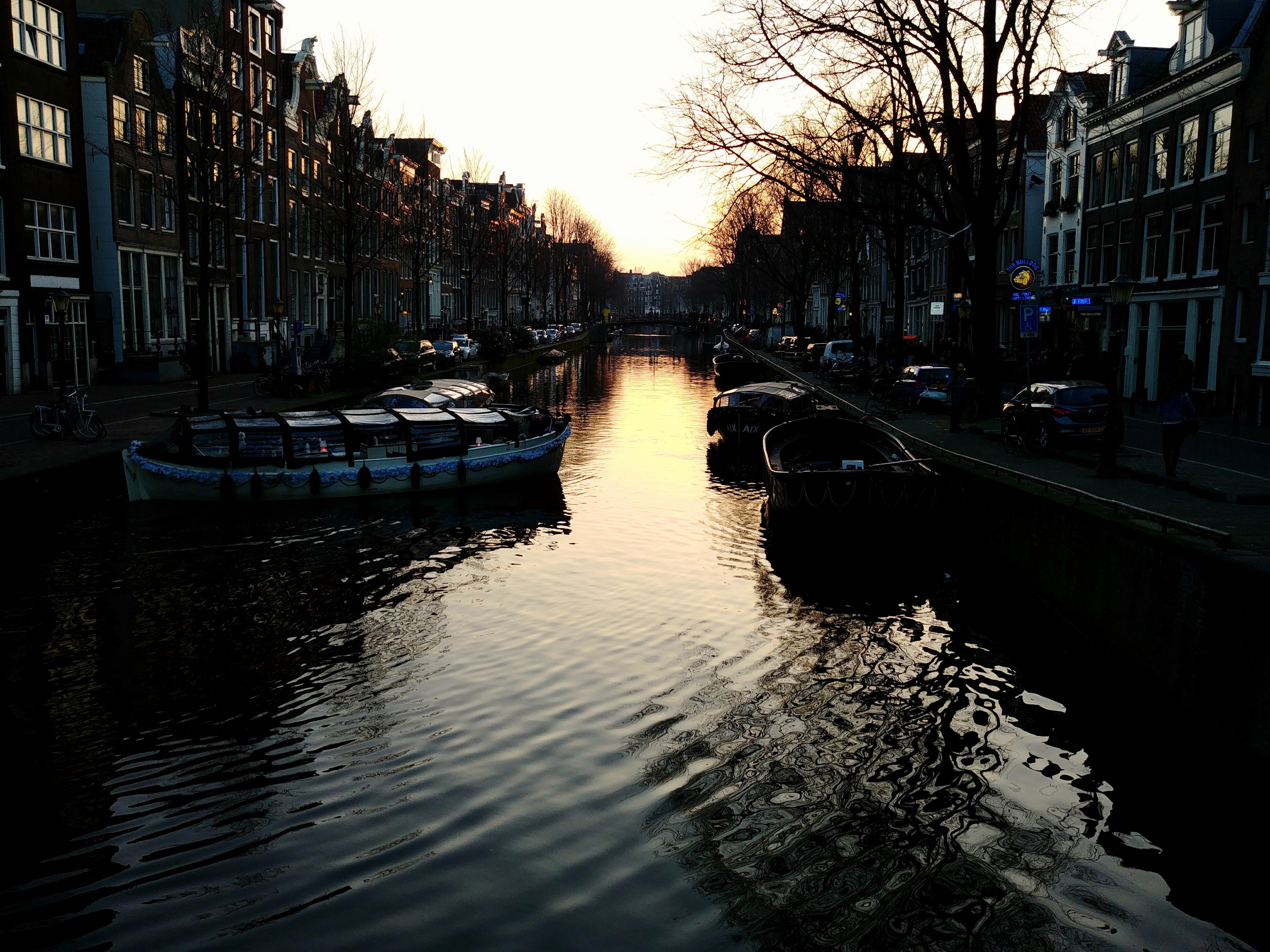 cities, sunset, boats, building, channel, amsterdam 1080p