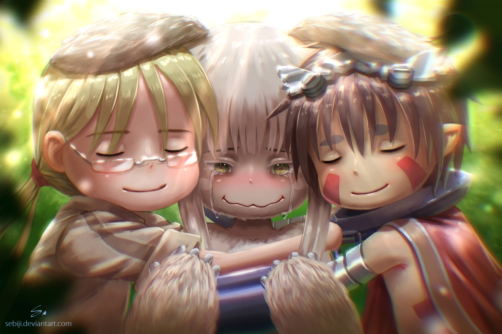nanachi (made in abyss), anime, made in abyss, reg (made in abyss), riko (made in abyss)