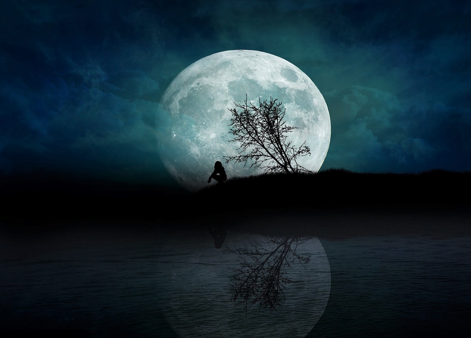 Скачать обои бесплатно Ночь, Луна, Силуэт, Дерево, Одинокий, Фантазия, Один, Художественные картинка на рабочий стол ПК