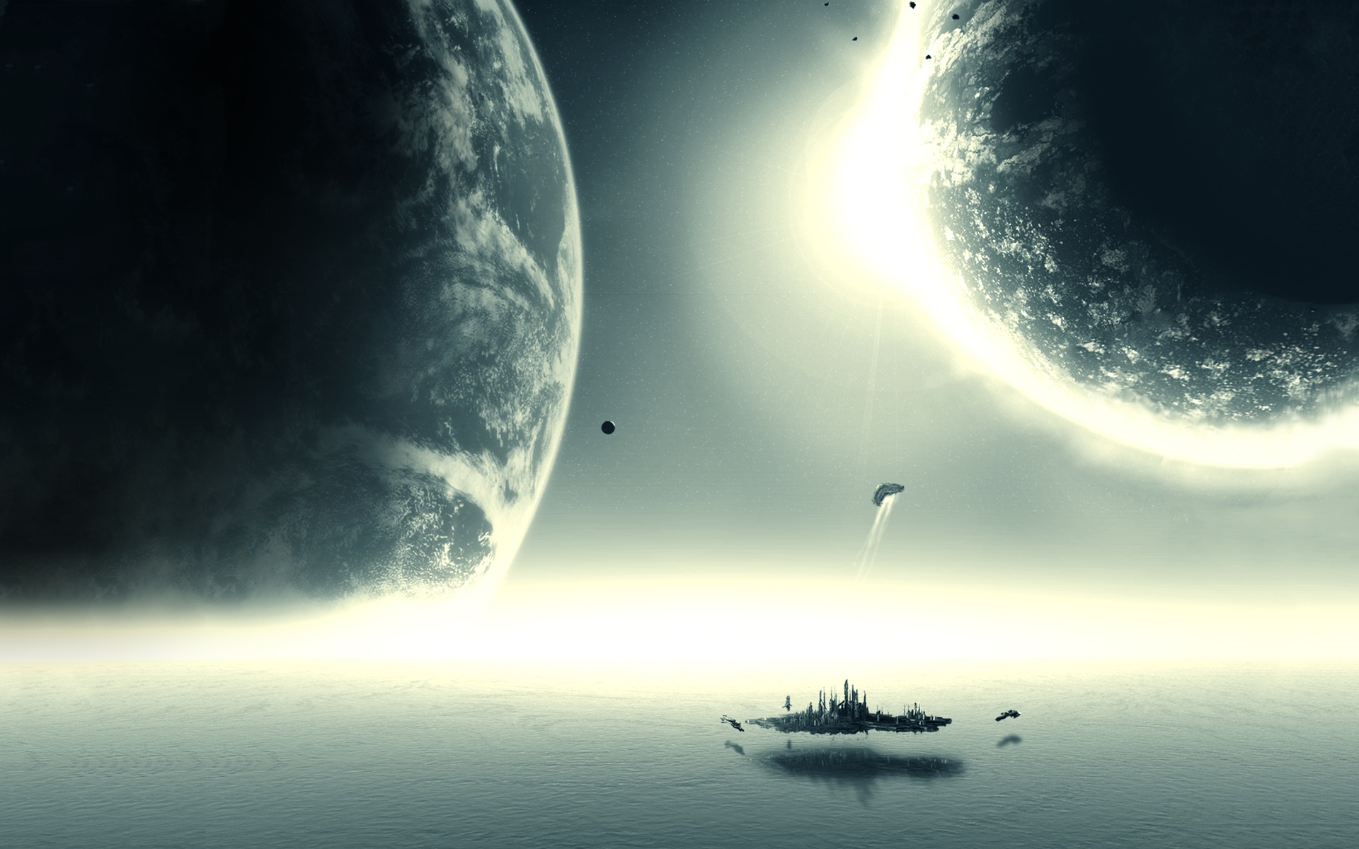 space, stargate atlantis, sci fi, planet rise, ocean, planet, ship HD wallpaper