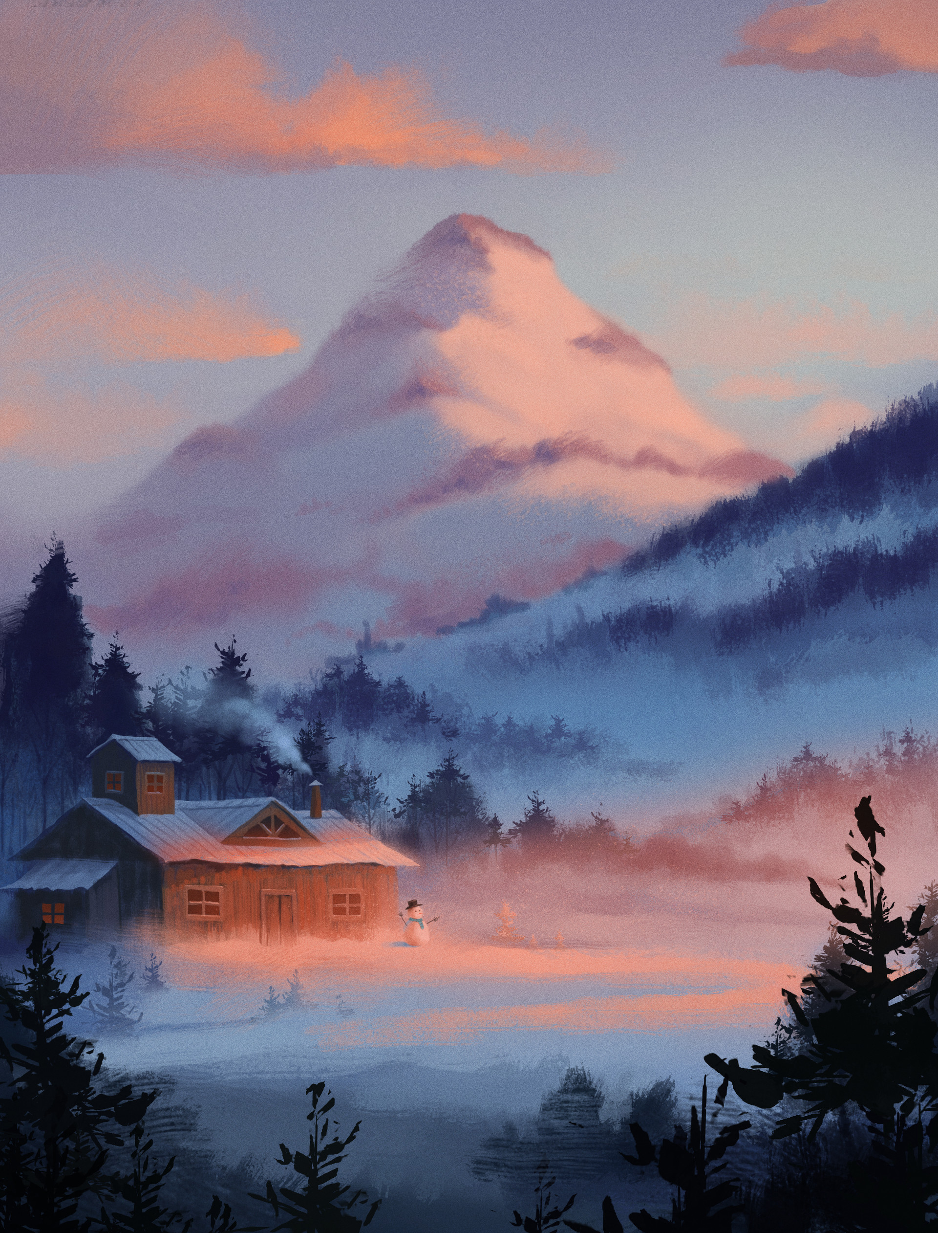 snow, winter, art, mountains, new year, christmas, small house, lodge