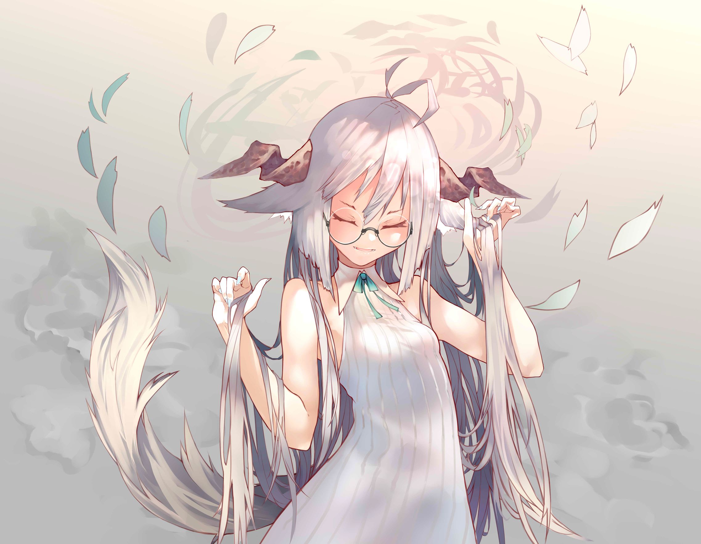 Free download wallpaper Anime, Tail, Glasses, Horns, Original, Long Hair, Pointed Ears, White Hair on your PC desktop