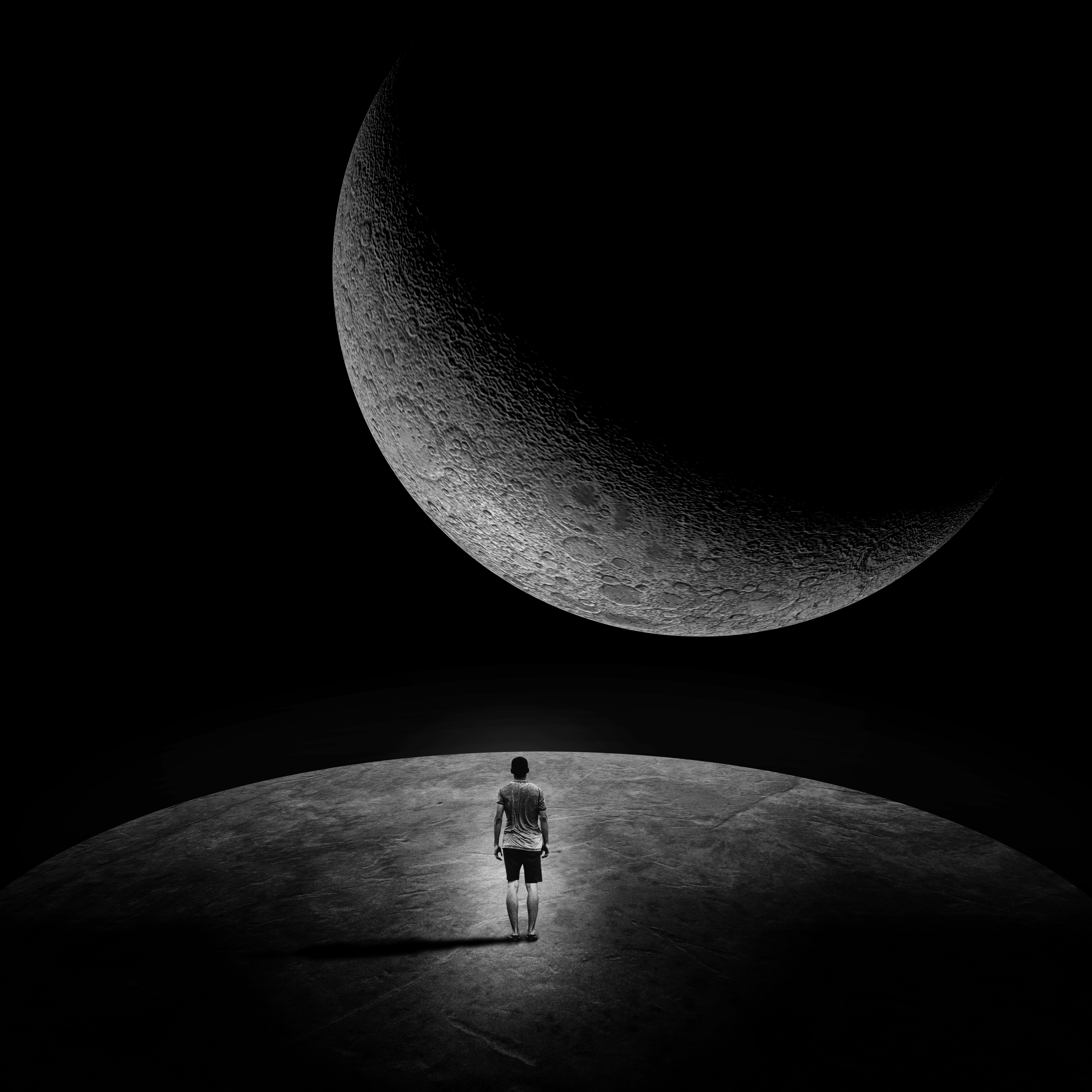 105389 скачать обои одиночество, черно белый, черные, космический, человек, луна, темный, внеземной - заставки и картинки бесплатно