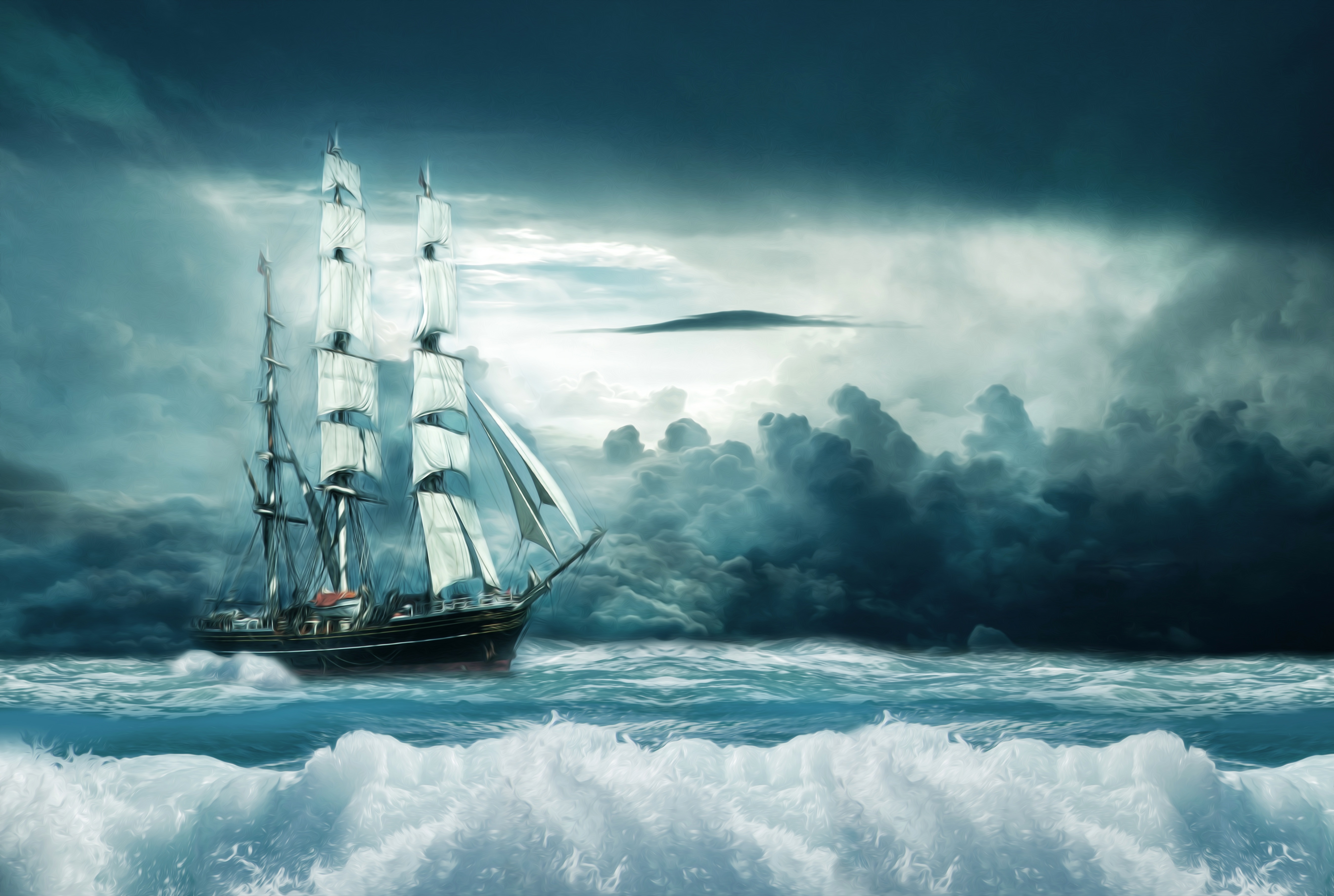 Laden Sie das Fantasie, Ozean, Schiff, Wolke, Welle, Ölgemälde-Bild kostenlos auf Ihren PC-Desktop herunter